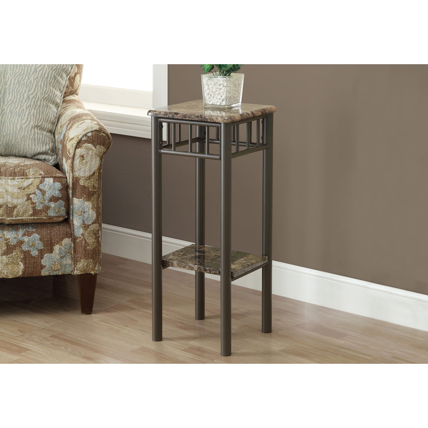 Monarch Specialties Rosa Accent Table, 28inH x 12inW x 12inD, Cappuccino Marble/Bronze - Image 3