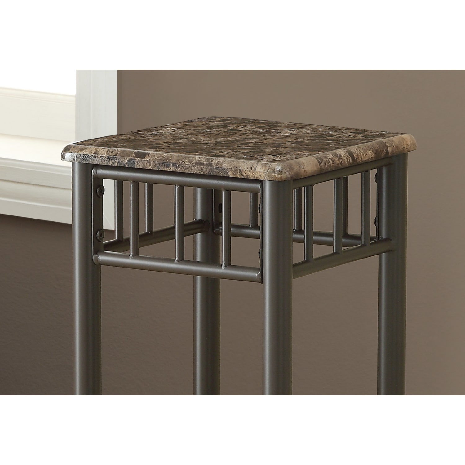 Monarch Specialties Rosa Accent Table, 28inH x 12inW x 12inD, Cappuccino Marble/Bronze - Image 4
