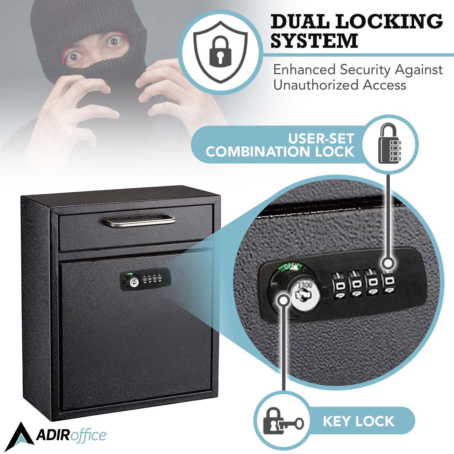 Alpine AdirOffice Medium Drop Box Wall Mounted Locking Mail Box With Key And Combination Lock, 12inH x 10-9/16inW x 4-3/4inD, Black - Image 4