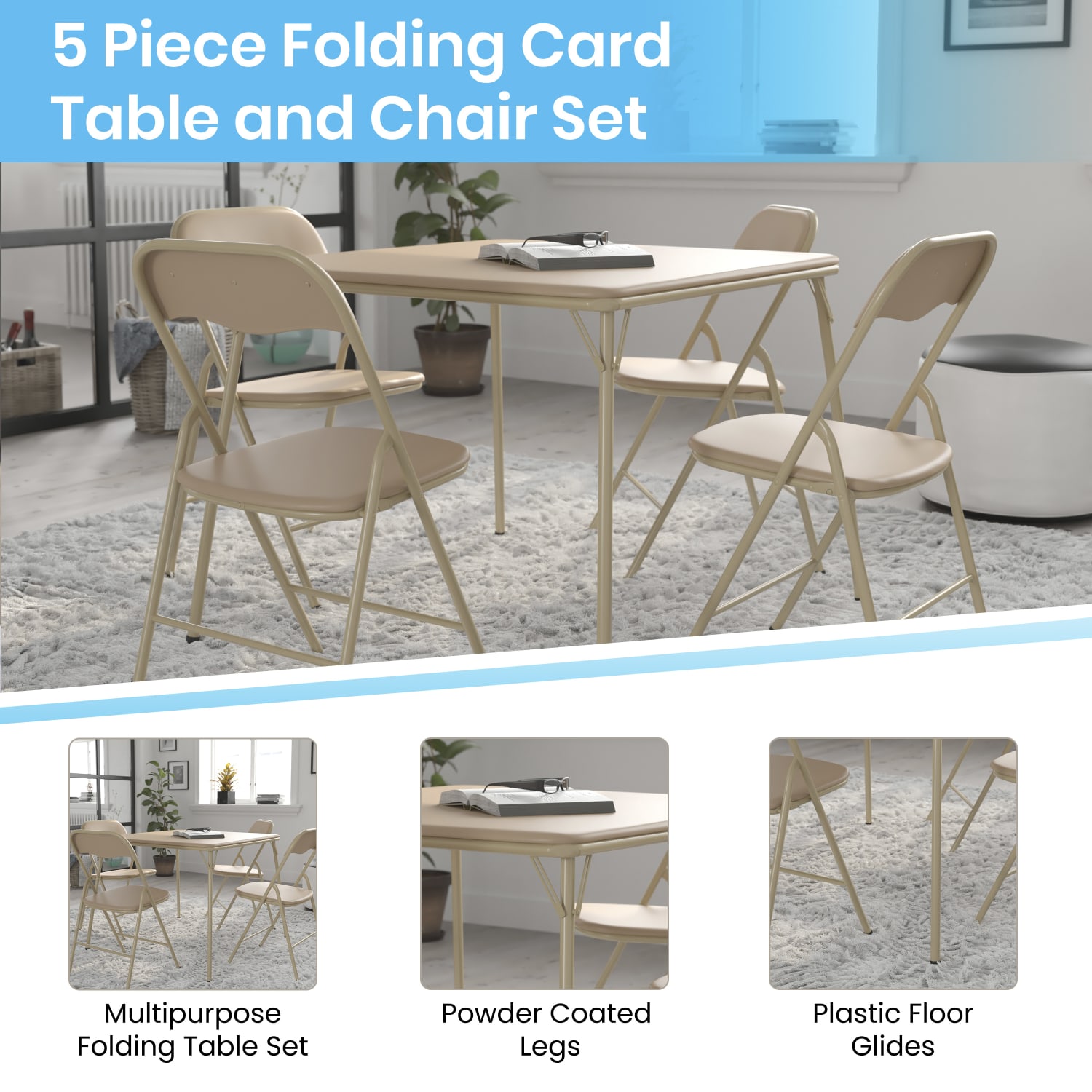 Flash Furniture 5-Piece Folding Card Table And Chair Set, 27-3/4inH x 33-1/2inW x 33-1/2inD, Tan - Image 6