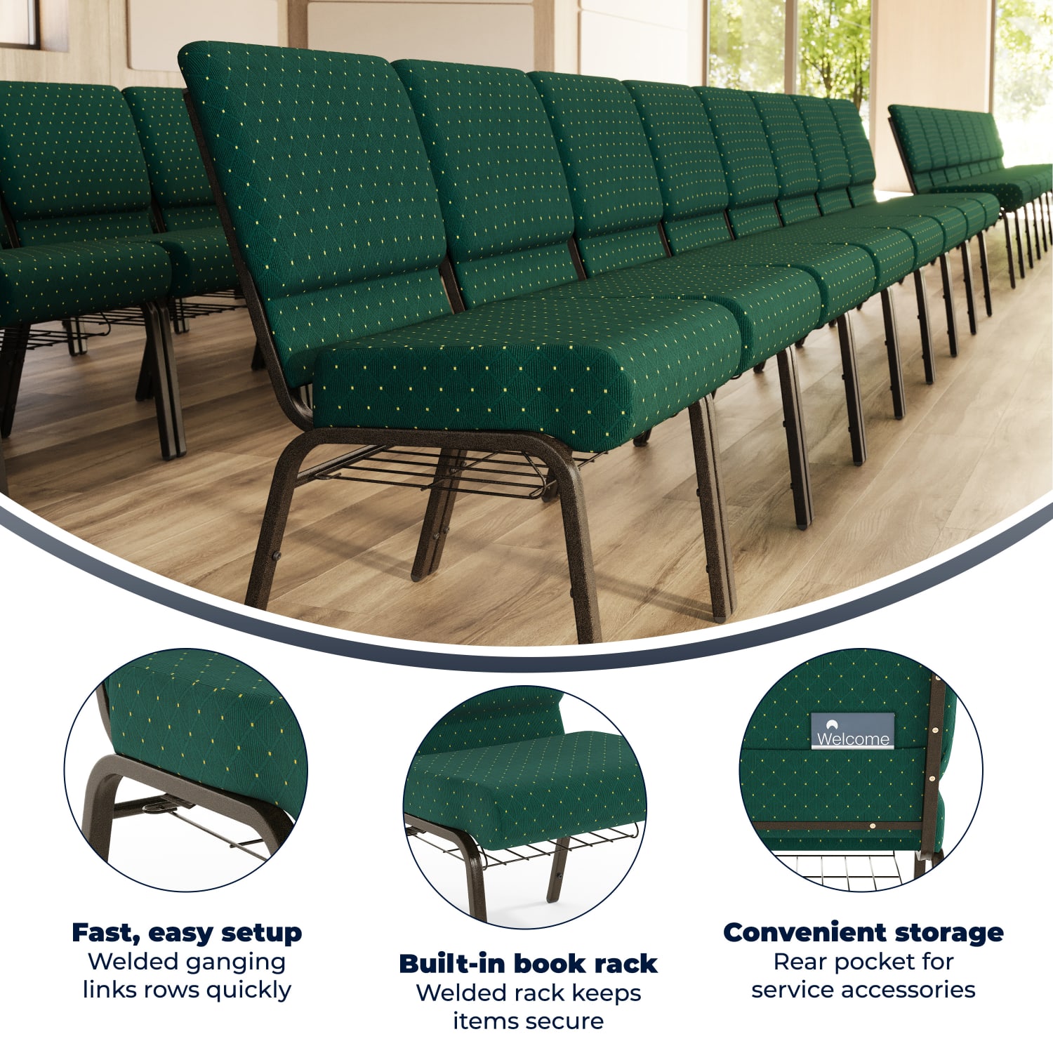 Flash Furniture HERCULES Series Church Chair With Book Rack Hunter Green DotGold Vein PopularChairscom