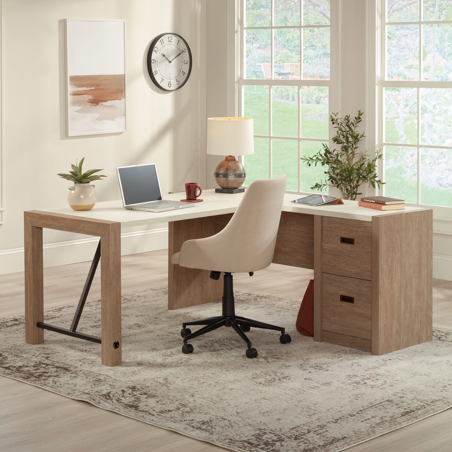 Sauder Dixon City 66inW L-Shaped Computer Desk With Drawers, Brushed Oak/Pebble White - Image 4