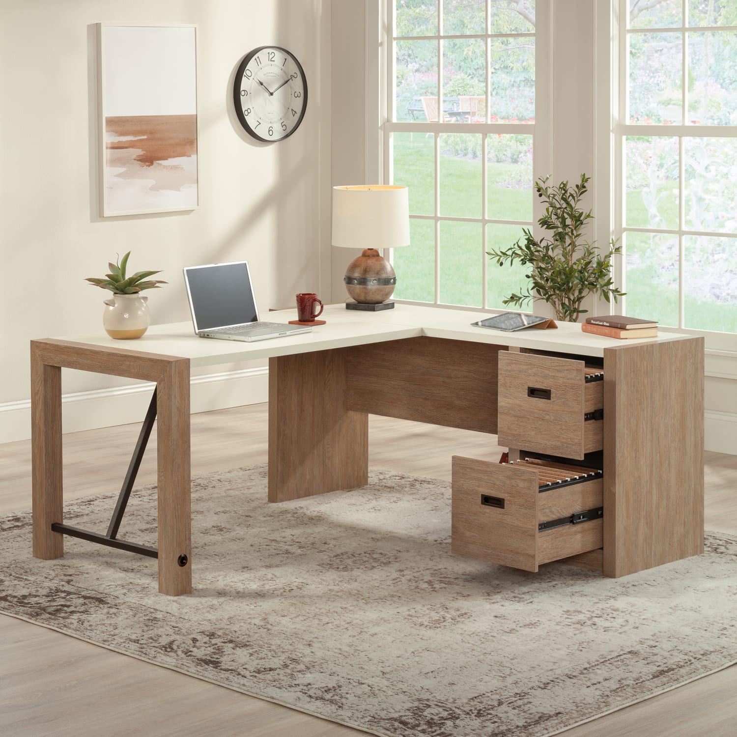 Sauder Dixon City 66inW L-Shaped Computer Desk With Drawers, Brushed Oak/Pebble White - Image 5