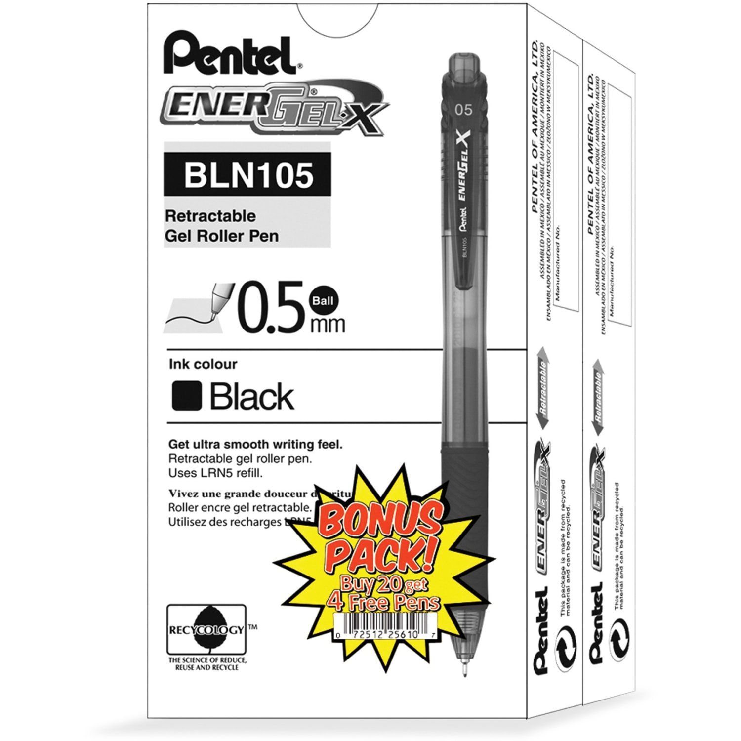 Pentel EnerGel-X Retractable Gel Pens, Pack Of 24, Fine Point, 0.5 mm, Black Barrel, Black Ink