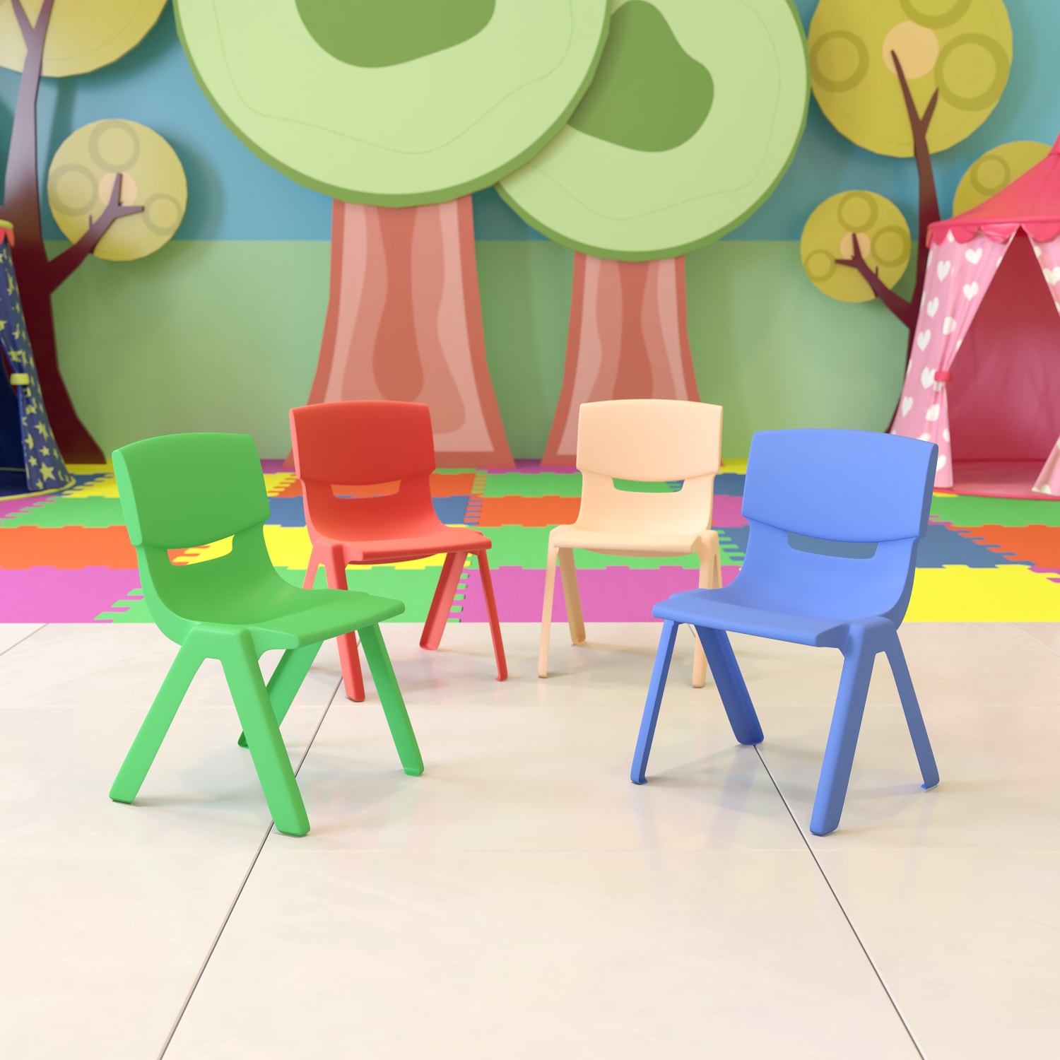 Flash Furniture Plastic Stackable School Chairs With 10-1/2in Seat Height, Assorted Colors, Set Of 4 Chairs