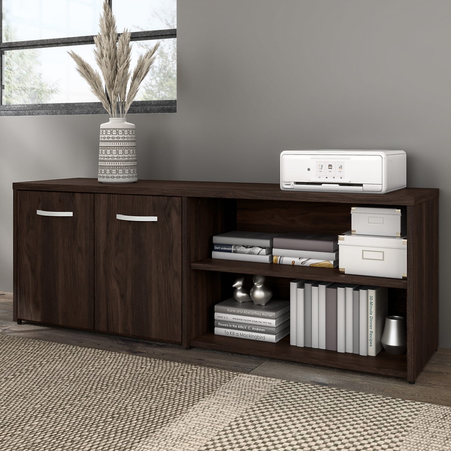 Bush Business Furniture Hybrid Low Storage Cabinet With Doors And Shelves, 21-1/4inH x 59-3/16inW x 15-3/4inD, Black Walnut, Standard Delivery - Image 3