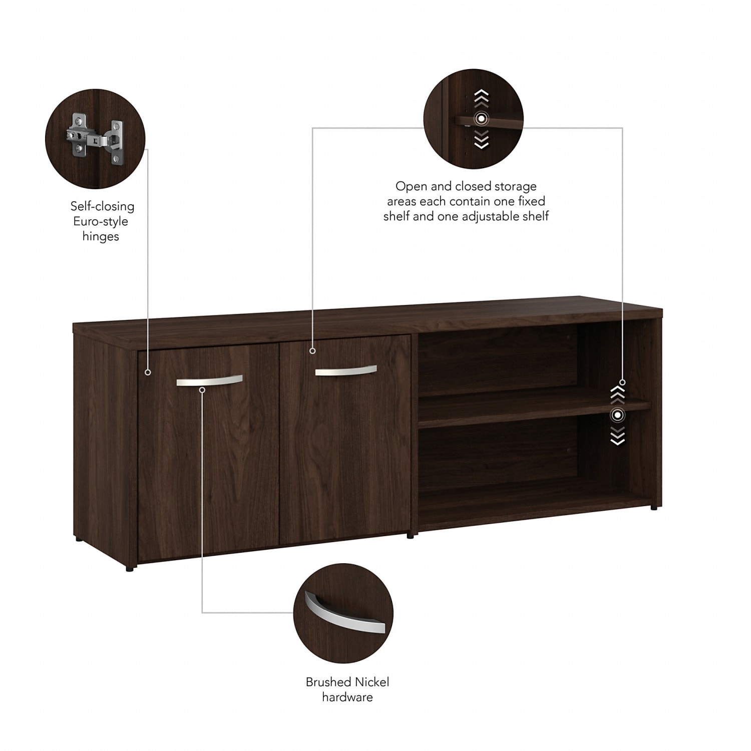 Bush Business Furniture Hybrid Low Storage Cabinet With Doors And Shelves, 21-1/4inH x 59-3/16inW x 15-3/4inD, Black Walnut, Standard Delivery - Image 4
