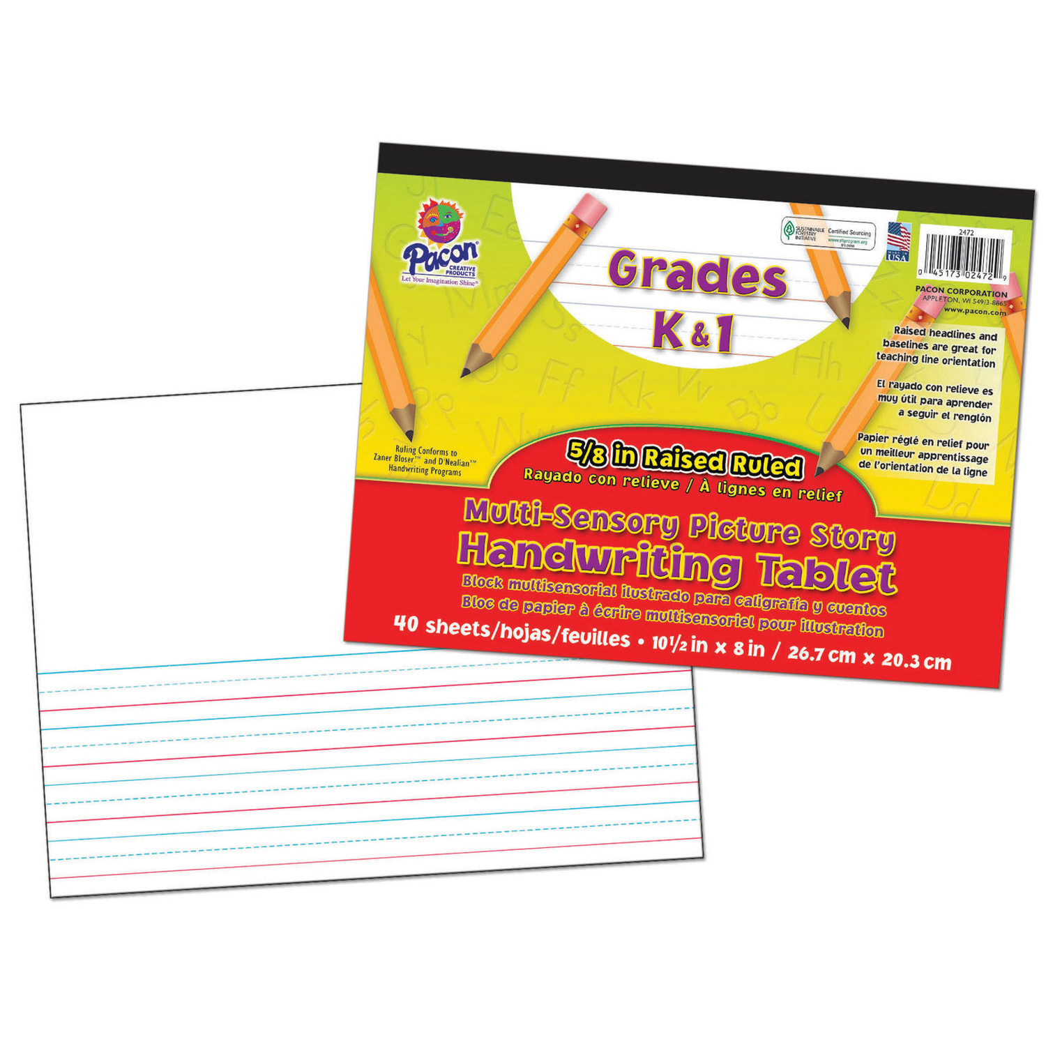 Pacon Multi-Sensory Raised Ruled Tablets, 10-1/2in x 8in, 5/8in x 5/16in x 5/16in Picture Story Ruled Long, 40 Sheets, White, Pack Of 3 Tablets - Image 3