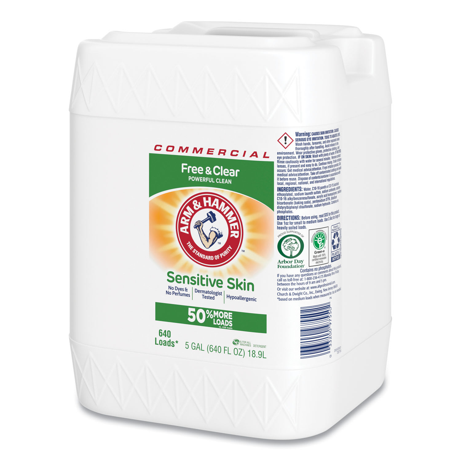 Arm & Hammer HE Compatible Liquid Detergent, Unscented, 640 Loads, Free and Clear Scent, 5 gal Jug