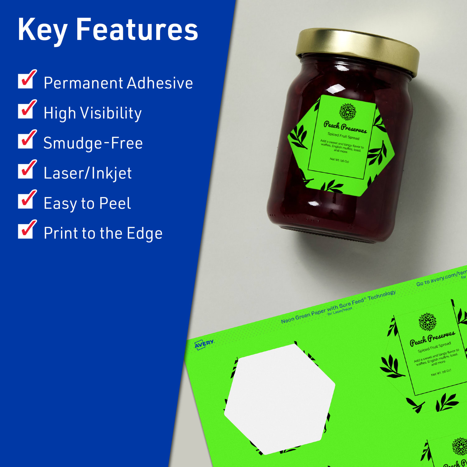 Avery Print-To-The-Edge Labels With Sure Feed Technology, 94121-NGP40, Hexagon, 2-1/2in x 2-57/64in, Matte Neon Green, Pack of 240 - Image 3
