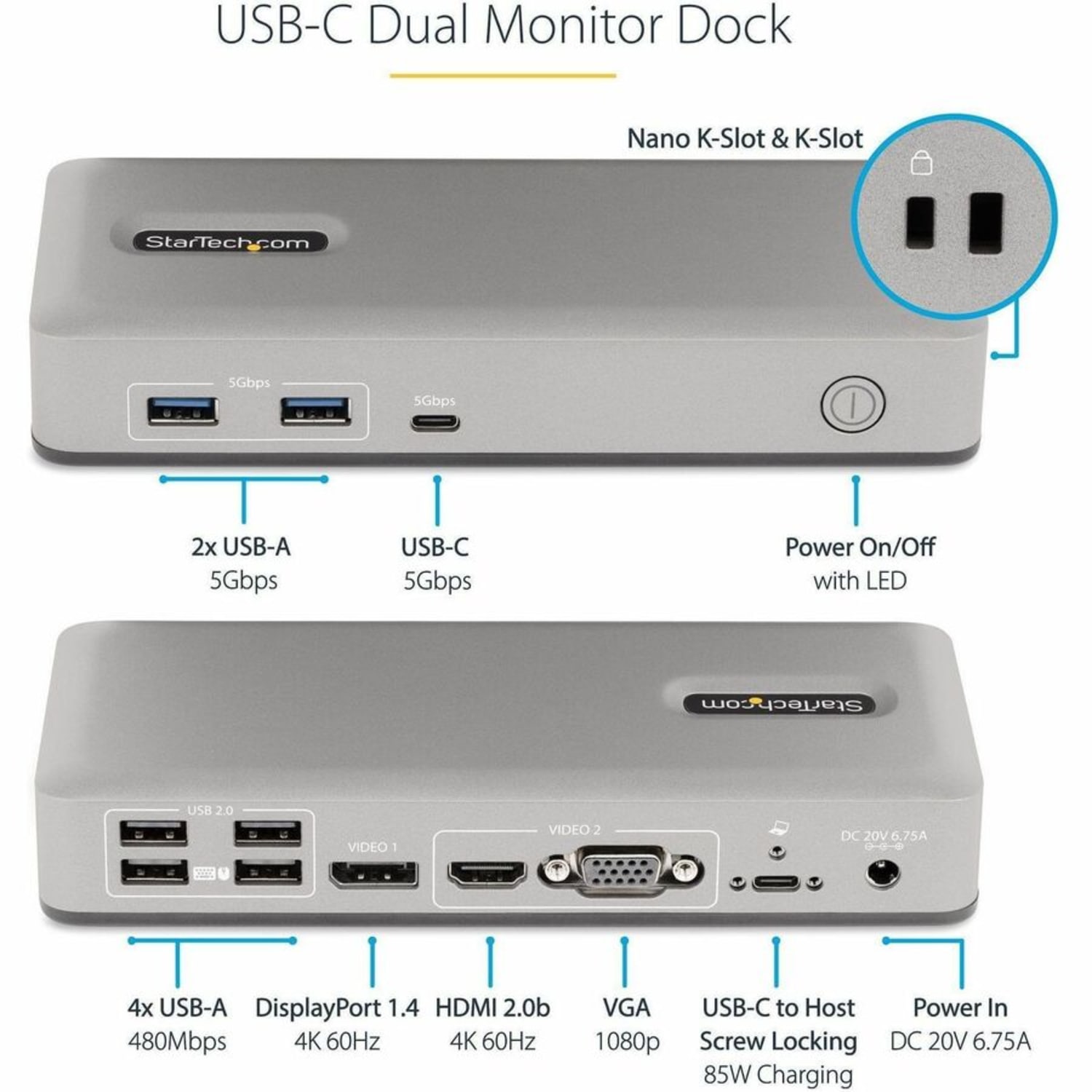 StarTech.com Dual-Monitor USB-C Docking Station, DisplayPort & HDMI/VGA Multi Monitor Dock up to 4K 60Hz, USB-C Dock, 7x USB Hub, 85W PD - Image 5
