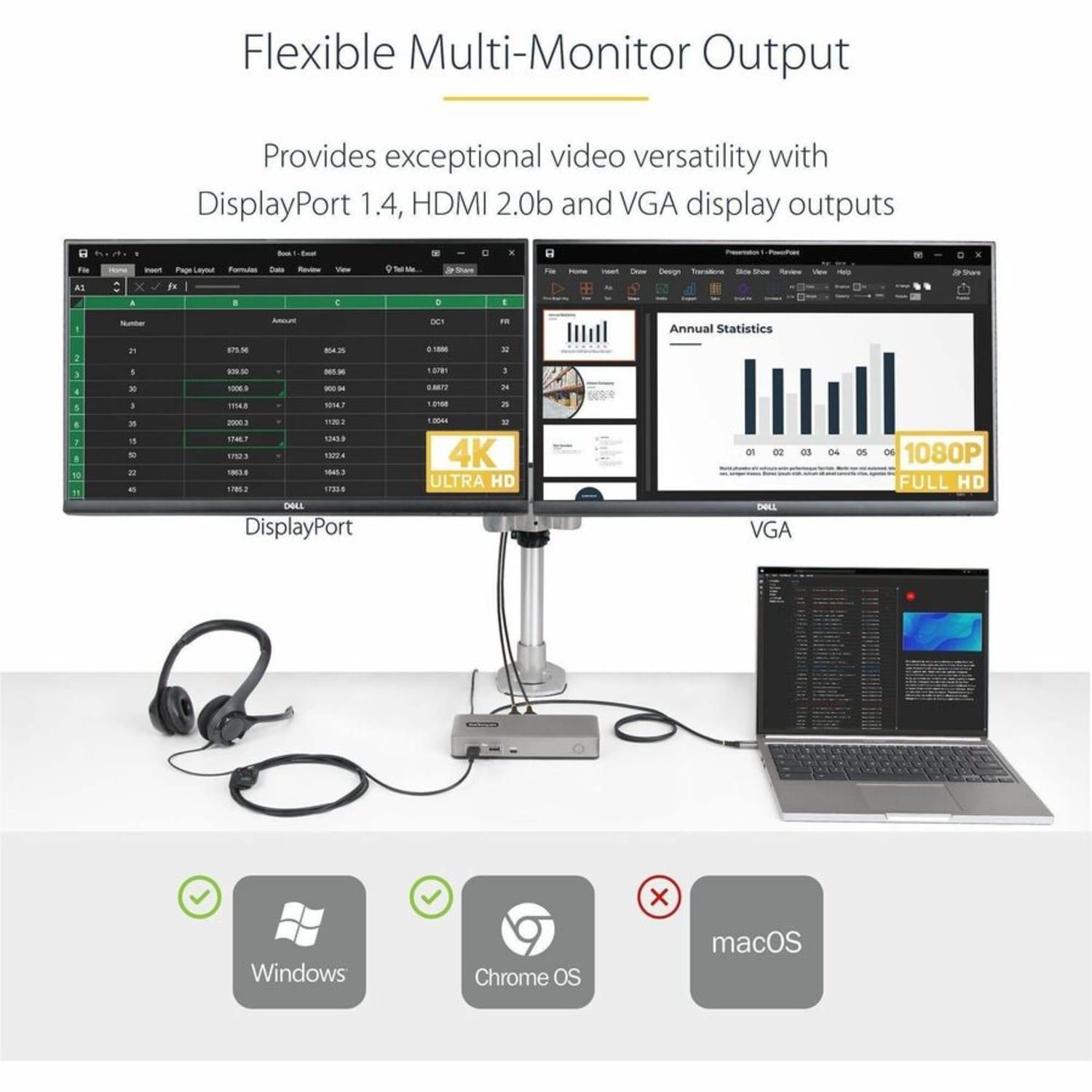 StarTech.com Dual-Monitor USB-C Docking Station, DisplayPort & HDMI/VGA Multi Monitor Dock up to 4K 60Hz, USB-C Dock, 7x USB Hub, 85W PD - Image 6