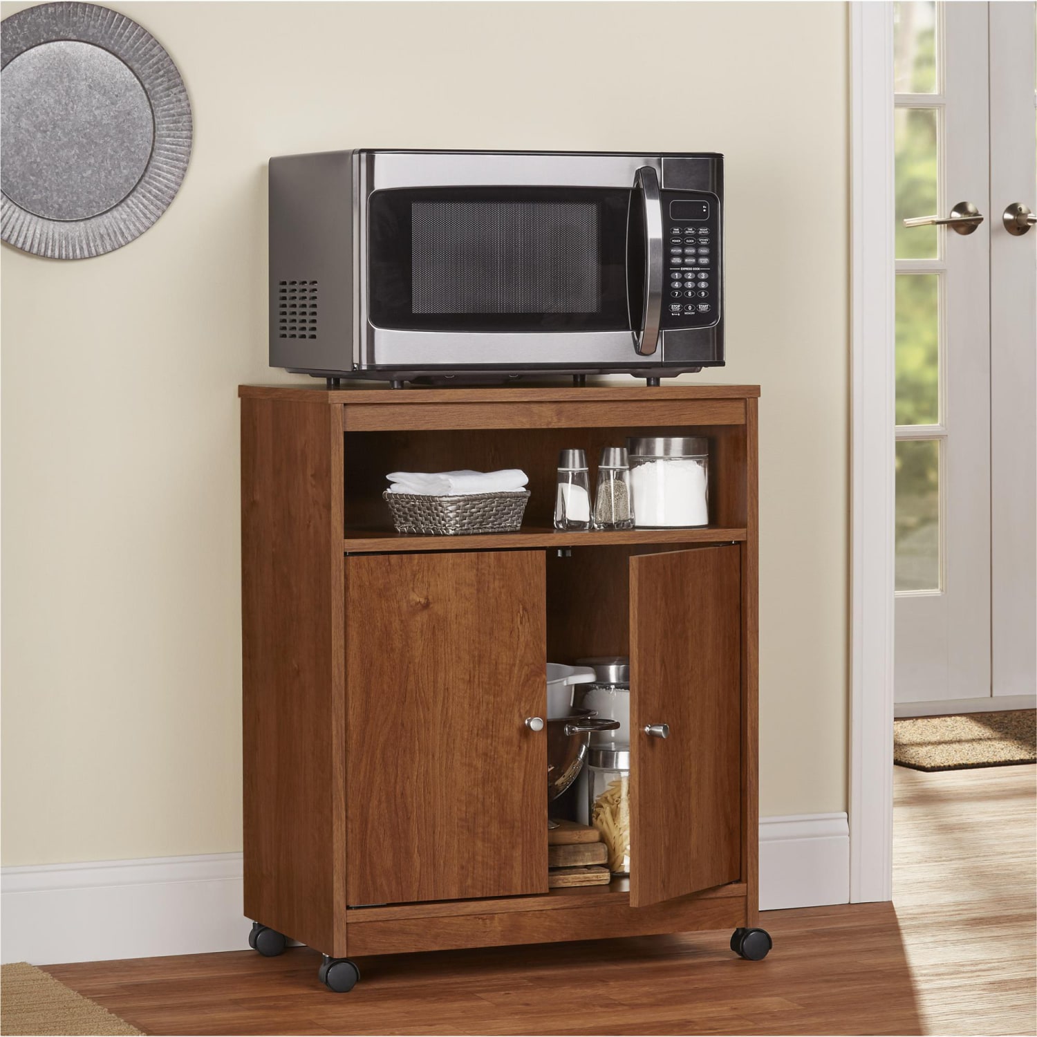 Ameriwood Home Landry Microwave Cart, With Cabinet, 30inH x 23inW x 15inD, Bank Alder - Image 5