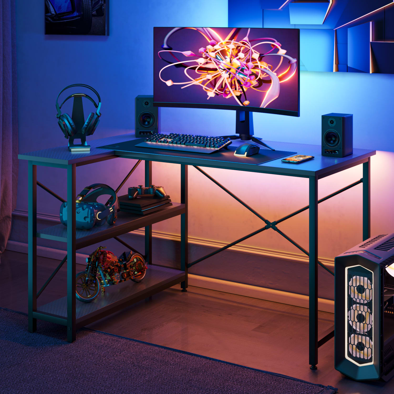 Bestier L-Shaped Corner Desk With Storage Shelf, 48inW, Black Carbon Fiber - Image 4