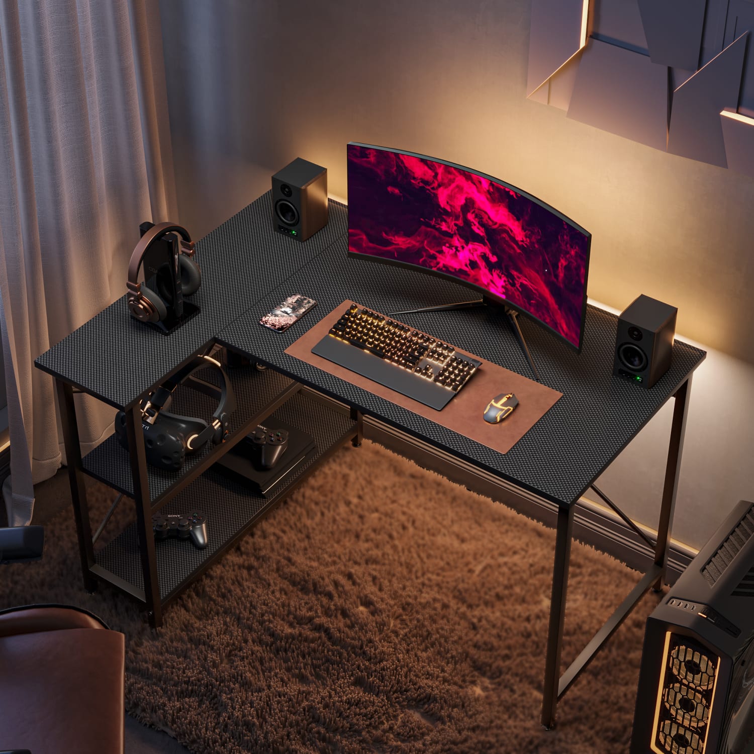 Bestier L-Shaped Corner Desk With Storage Shelf, 48inW, Black Carbon Fiber - Image 5