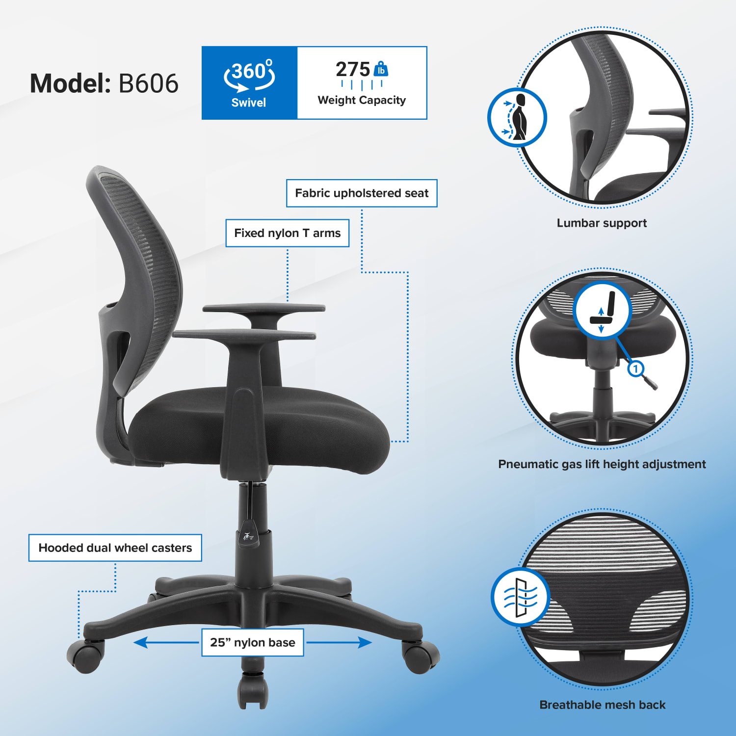 Boss Office Products Commercial Grade Ergonomic Mesh High-Back Task Chair With Arms, Black - Image 6