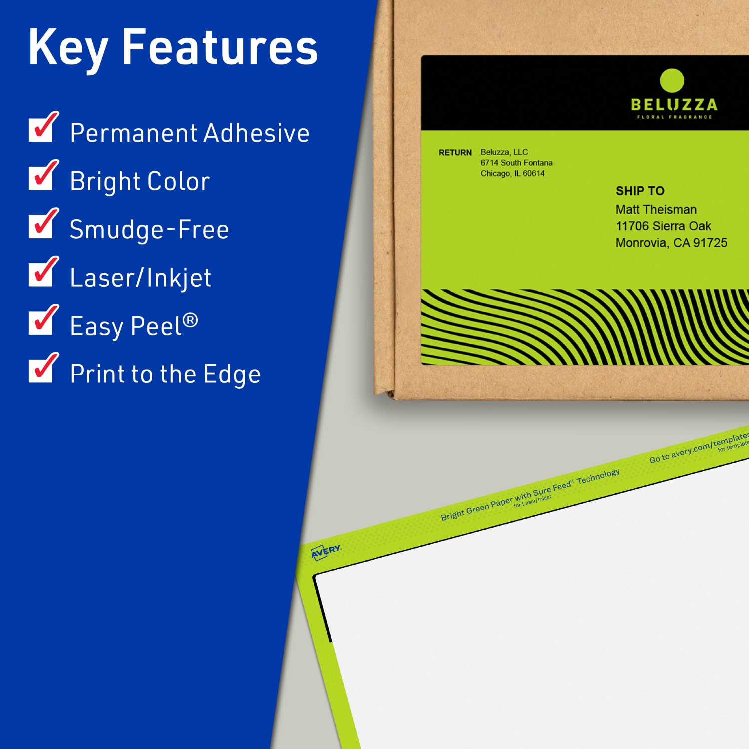 Avery Print-To-The-Edge Labels With Sure Feed Technology And Easy Peel, 94255-BGP80, Rectangle, 4-3/4in x 7-3/4in, Matte Bright Green, Pack of 160 - Image 3