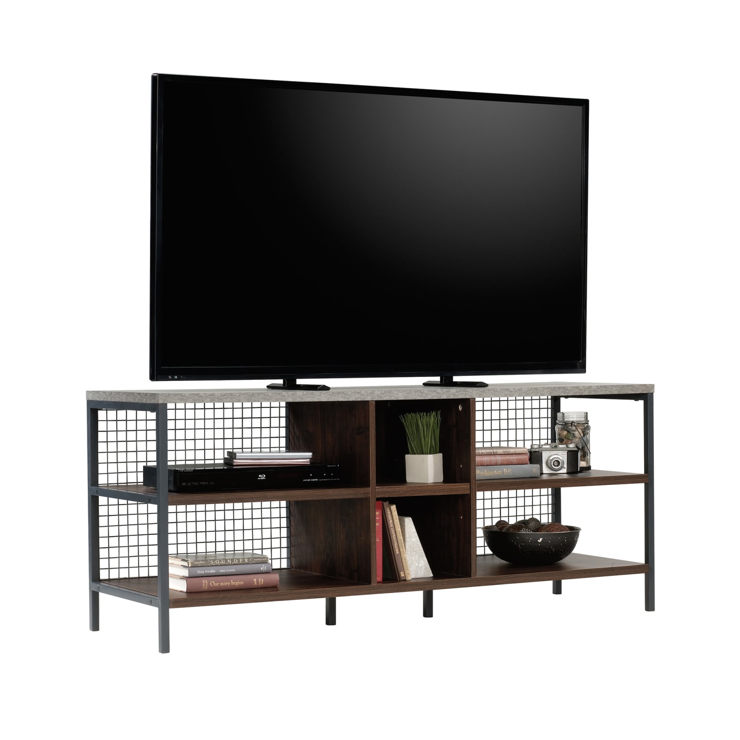 Sauder Market Commons Credenza, 23-5/16inH x 55-7/16inW x 17-3/4inD, Rich Walnut/Slate Gray - Image 3