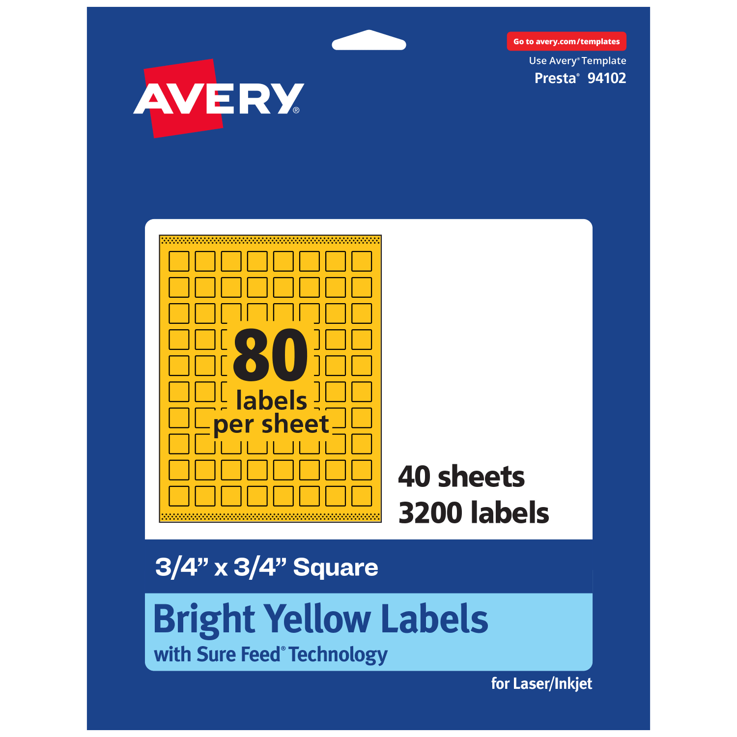 Avery Print-To-The-Edge Labels With Sure Feed Technology And Easy Peel, 94102-BYP40, Square, 3/4in x 3/4in, Matte Bright Yellow, Pack of 3200