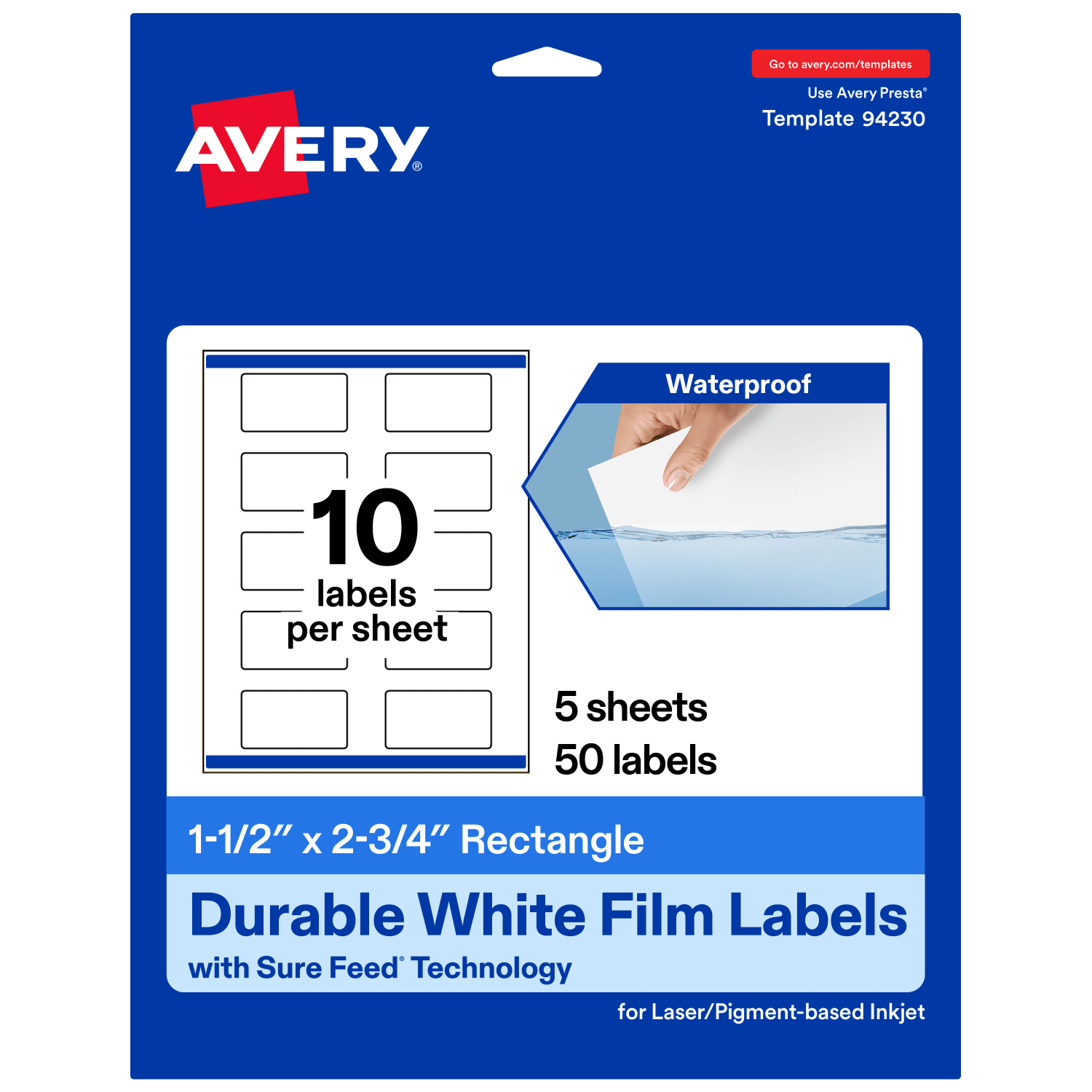 Avery Waterproof Permanent Labels With Sure Feed, 94230-WMF5, Rectangle, 1-1/2in x 2-3/4in, White, Pack Of 50