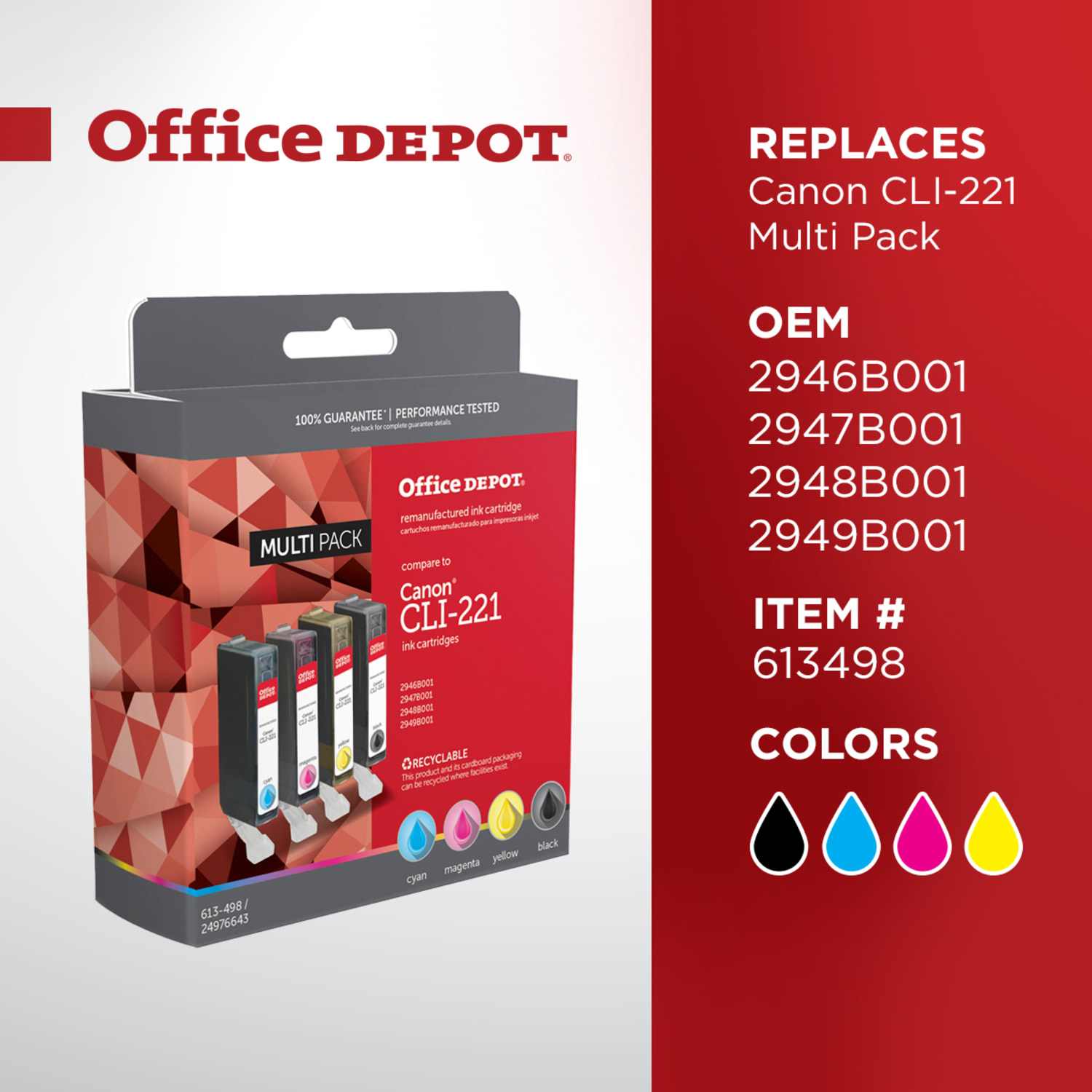 Office Depot Brand Remanufactured Black And Cyan, Magenta, Yellow Ink Cartridge Replacement For Canon CLI-221, Pack Of 4 - Image 6