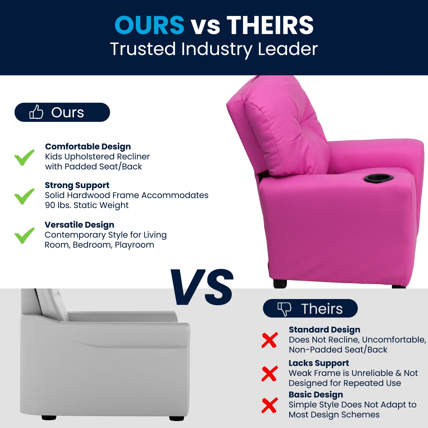 Flash Furniture Contemporary Kids Vinyl Recliner Accent Chair With Cup Holder Hot Pink PopularChairscom
