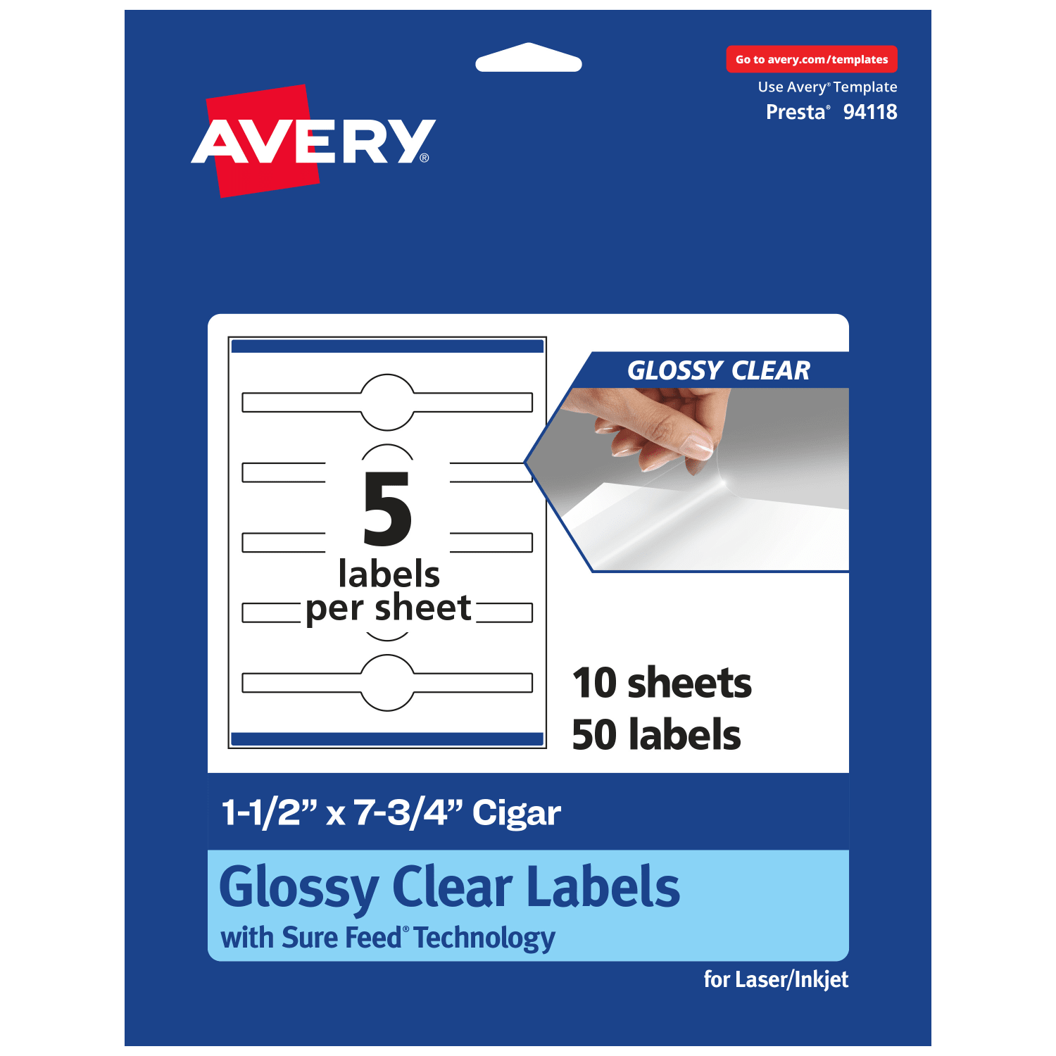 Avery Glossy Permanent Labels With Sure Feed, 94118-CGF10, Cigar, 1-1/2in x 7-3/4in, Clear, Pack Of 50