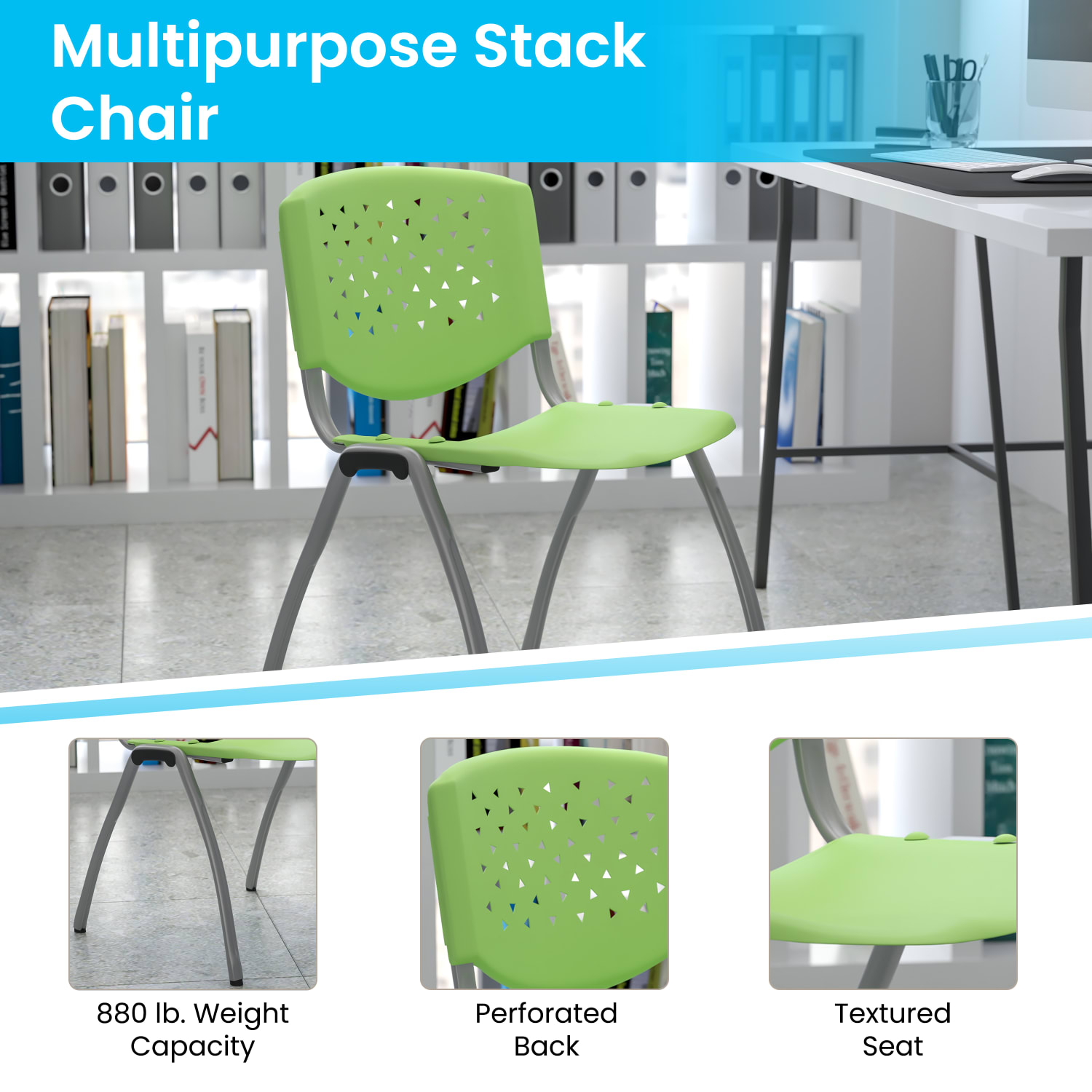 Flash Furniture HERCULES Series Plastic Stack Chair With Titanium Frame GreenGray PopularChairscom