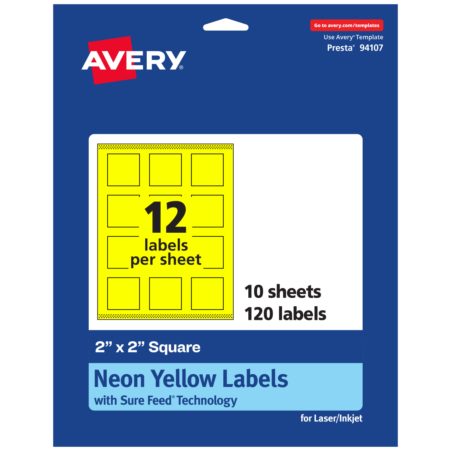 Avery Print-To-The-Edge Labels With Sure Feed Technology And Easy Peel Label Feature, 94107-NYP10, Square, 2in x 2in, Matte Neon Yellow, Pack of 120