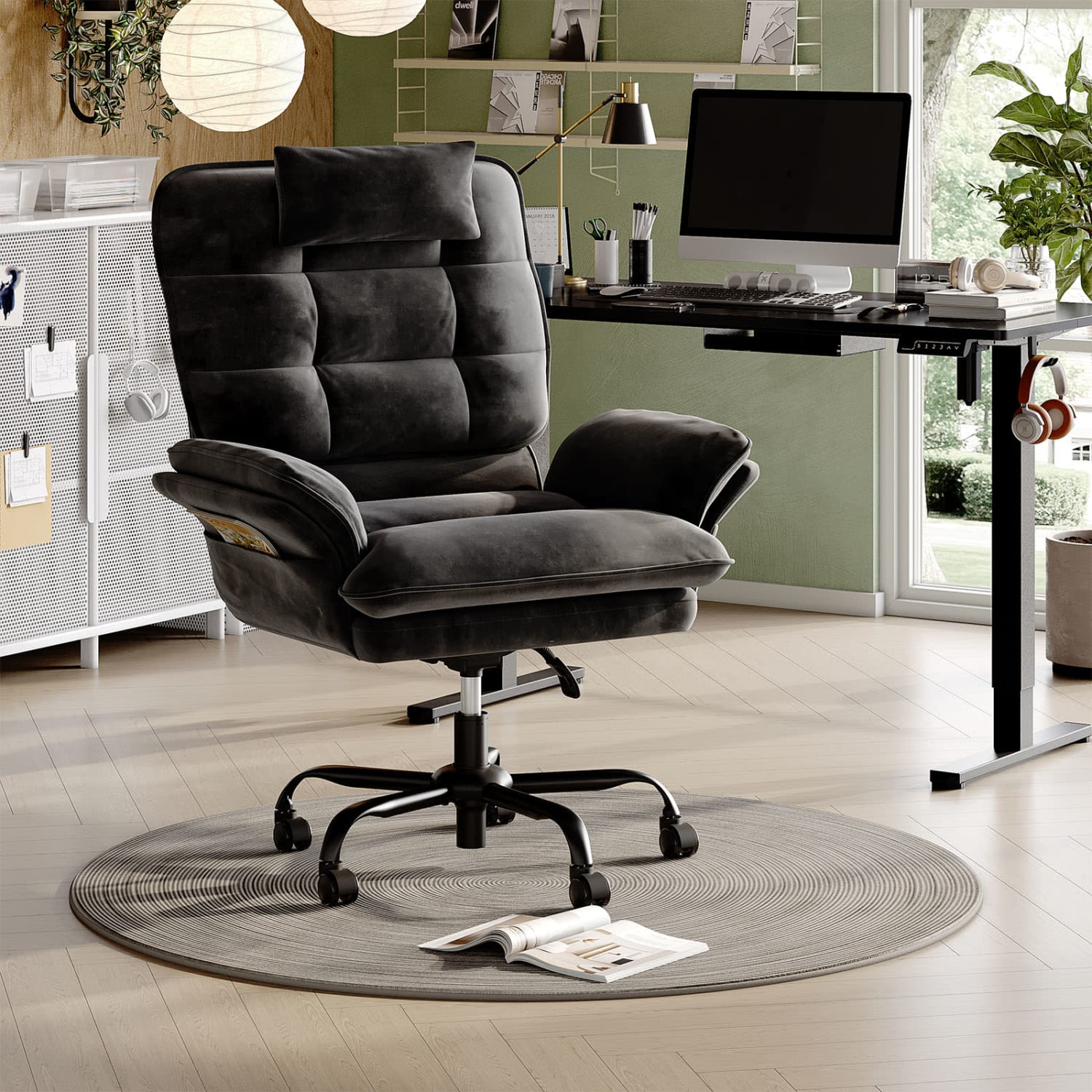 Bestier Ergonomic Velvet High-Back Swivel Executive Office Chair With Adjustable Padded Arms And Padded Headrest, Black - Image 3