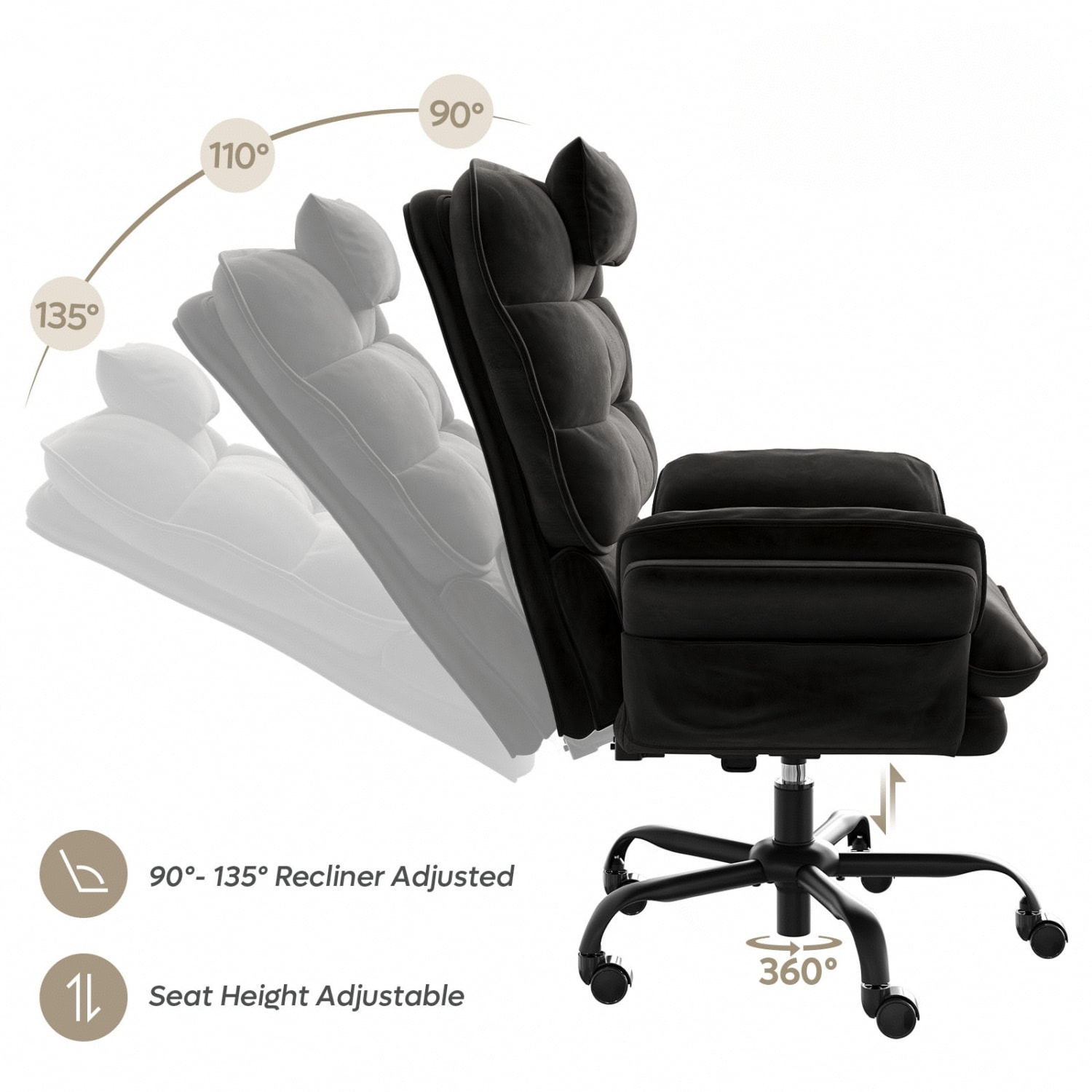 Bestier Ergonomic Velvet High-Back Swivel Executive Office Chair With Adjustable Padded Arms And Padded Headrest, Black - Image 4
