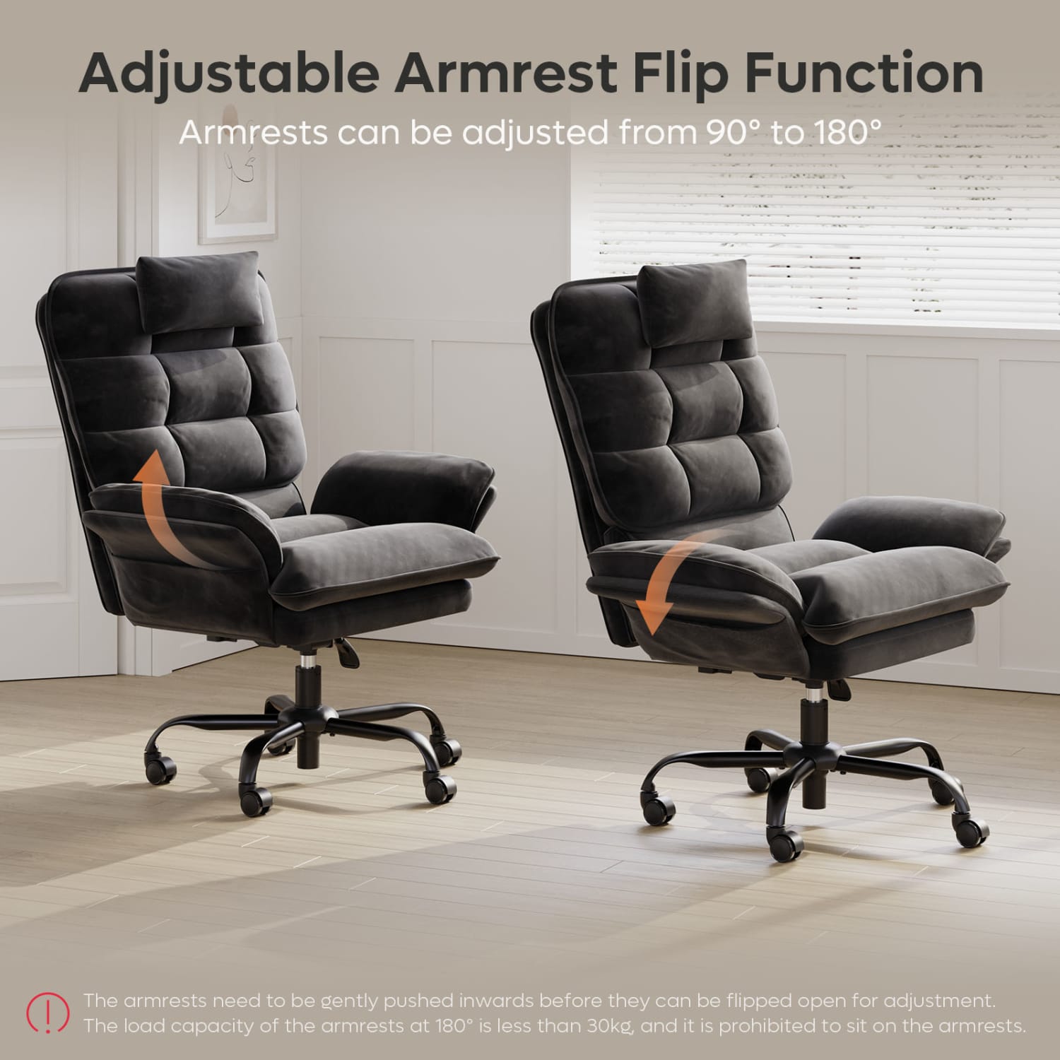 Bestier Ergonomic Velvet High-Back Swivel Executive Office Chair With Adjustable Padded Arms And Padded Headrest, Black - Image 5