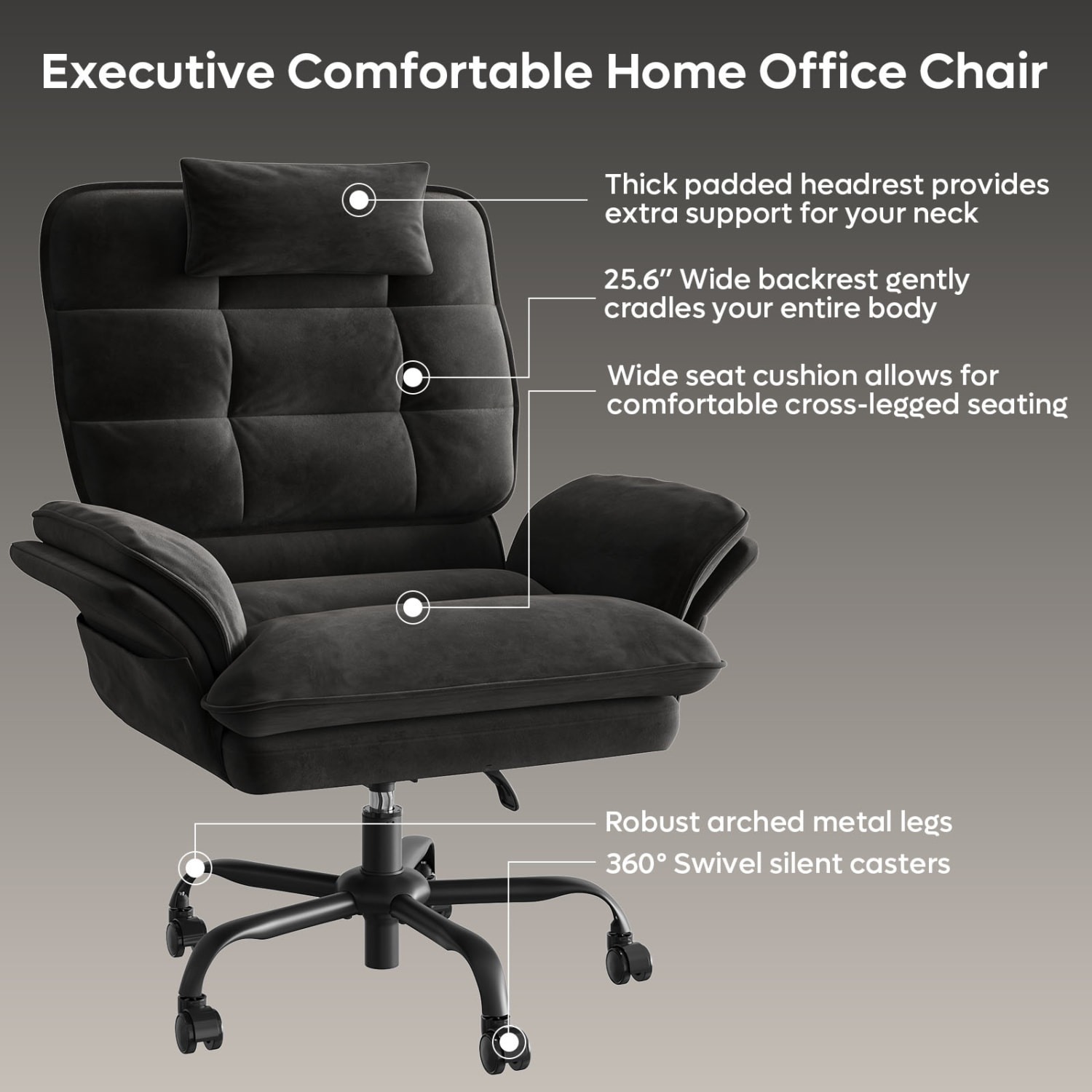 Bestier Ergonomic Velvet High-Back Swivel Executive Office Chair With Adjustable Padded Arms And Padded Headrest, Black - Image 6