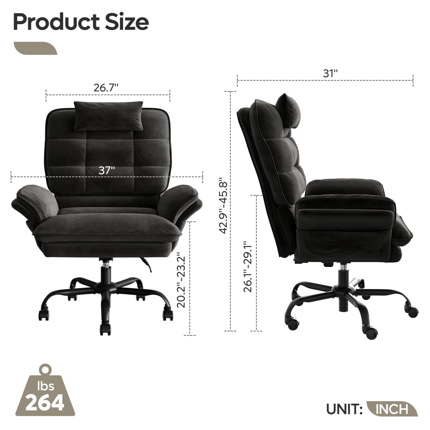 Bestier Ergonomic Velvet High-Back Swivel Executive Office Chair With Adjustable Padded Arms And Padded Headrest, Black - Image 8