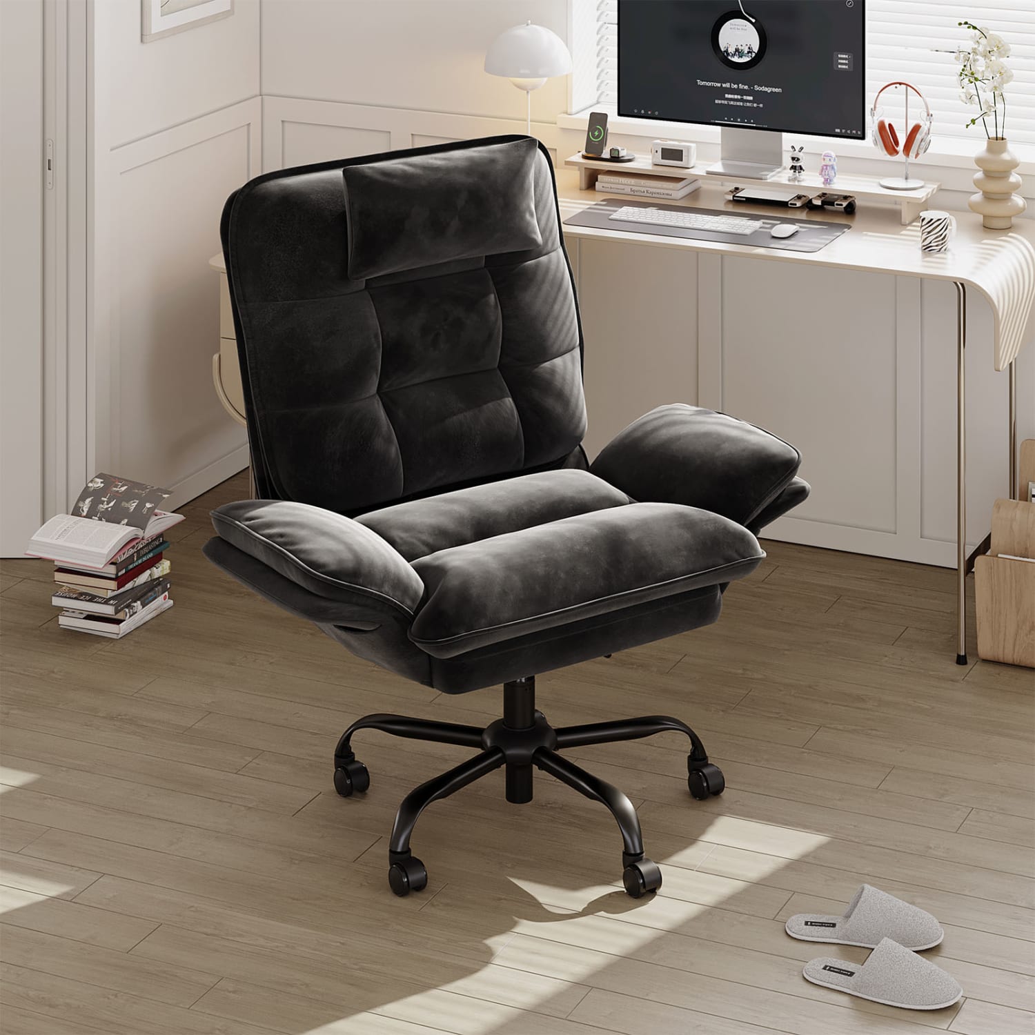 Bestier Ergonomic Velvet High-Back Swivel Executive Office Chair With Adjustable Padded Arms And Padded Headrest, Black - Image 9