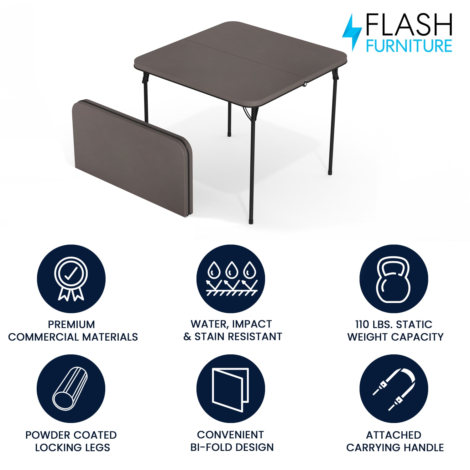 Flash Furniture Square Bi-Fold Plastic Folding Table, 28-1/2inH x 34inW x 34inD, Black/Dark Gray - Image 3