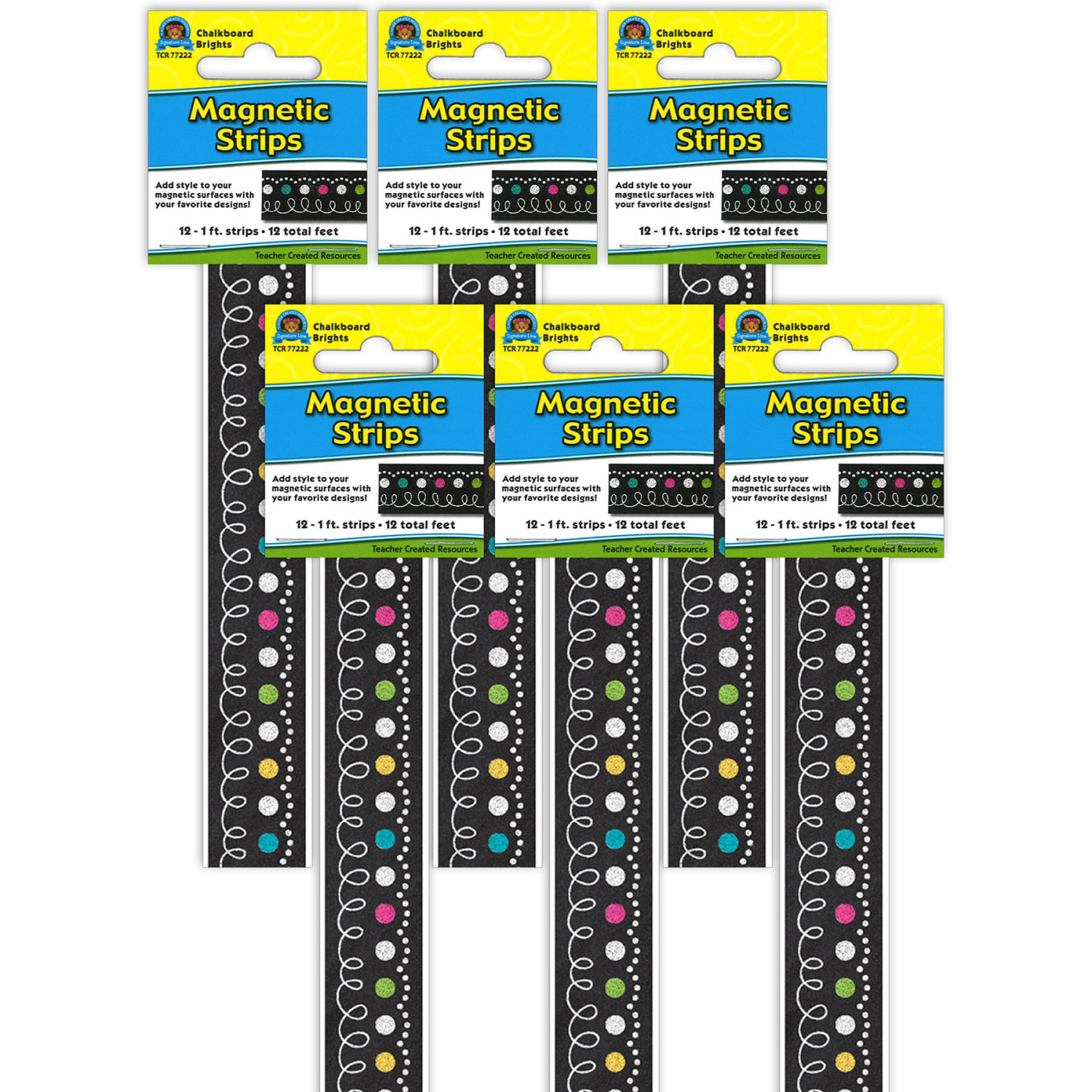 Teacher Created Resources Magnetic Strips, Chalkboard Brights, 12in x 3/4in, 12 Strips Per Pack, Set Of 6 Packs