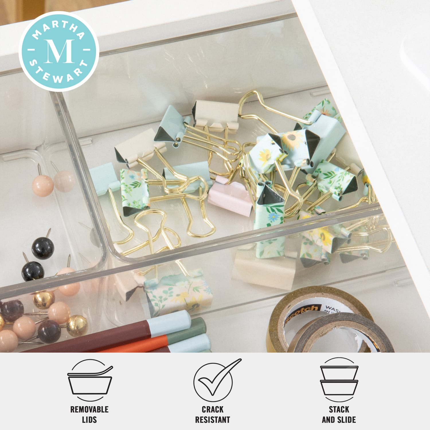 Martha Stewart Grady Stackable Plastic Storage Boxes with Lids, 2-1/2inH x 11inW x 4inD, Clear/Light Natural, Set Of 3 Boxes - Image 4