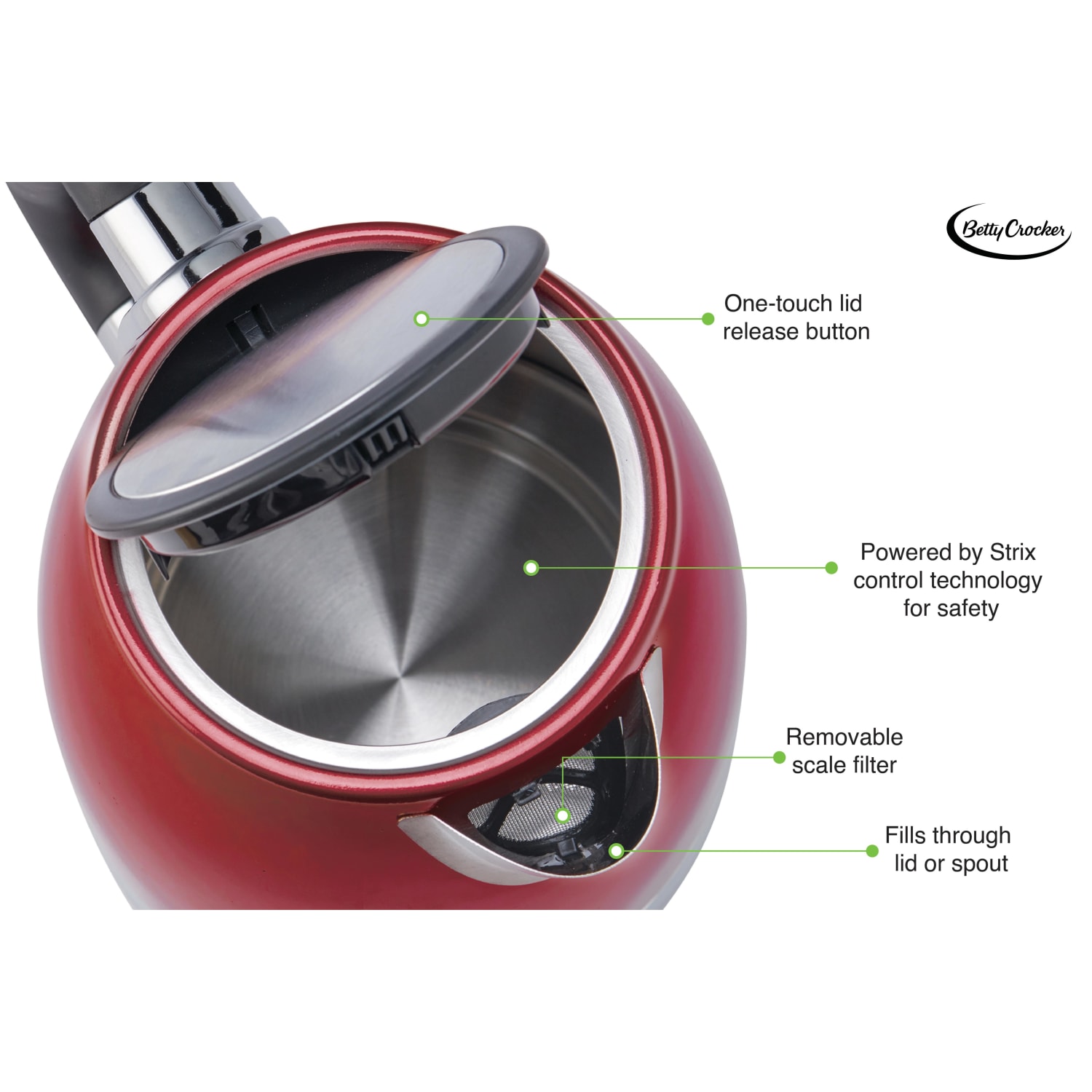 Betty Crocker 1.7L Cordless Jug Kettle, Red - Image 3