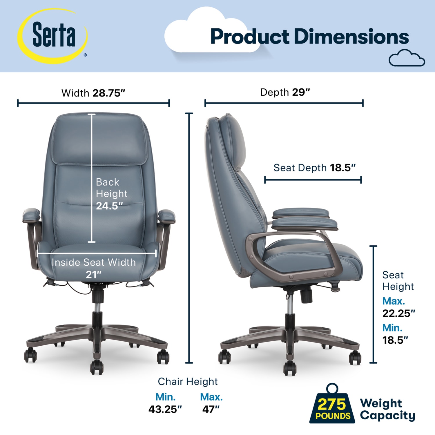 Serta® SmartLayers™ Mosby Ergonomic Vegan Leather High-Back Executive Office Chair, Blue/Dark Gray, BIFMA Compliant - Image 3