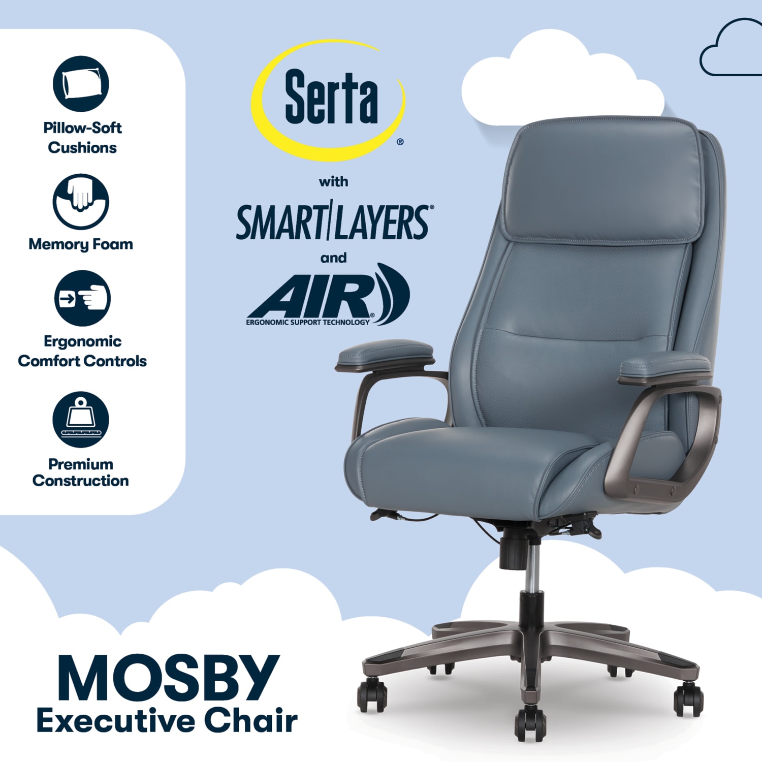 Serta SmartLayers Mosby Ergonomic Vegan Leather High-Back Executive Office Chair, Blue/Dark Gray, BIFMA Compliant - Image 4
