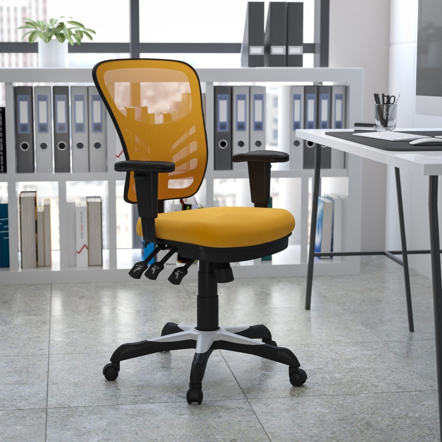 Flash Furniture Ergonomic Mesh Mid Back Multifunction Executive Office Chair Yellow OrangeBlack PopularChairscom