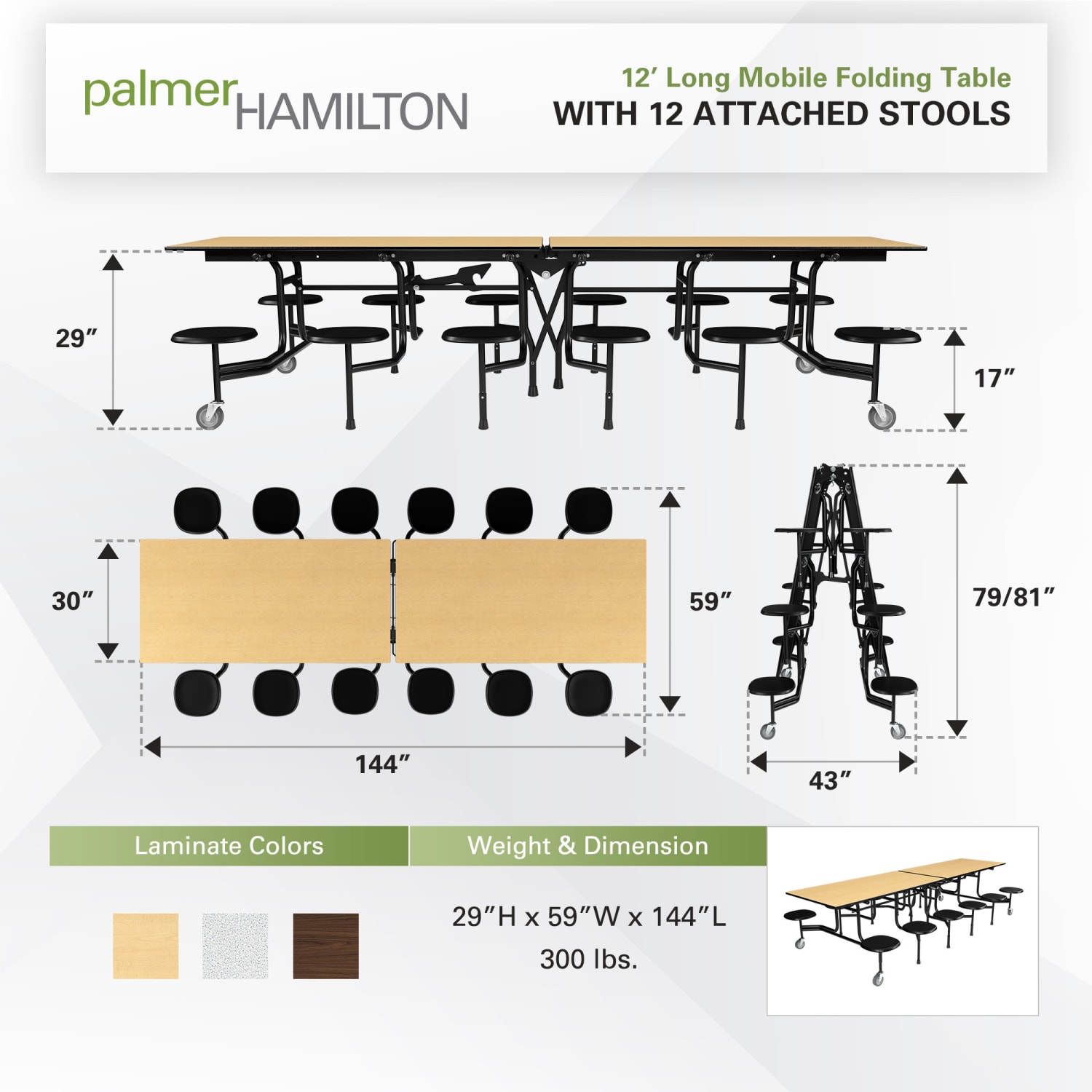 Palmer Hamilton 59TV Mobile Cafeteria Table, 29in x 144in, Fusion Maple - Image 4