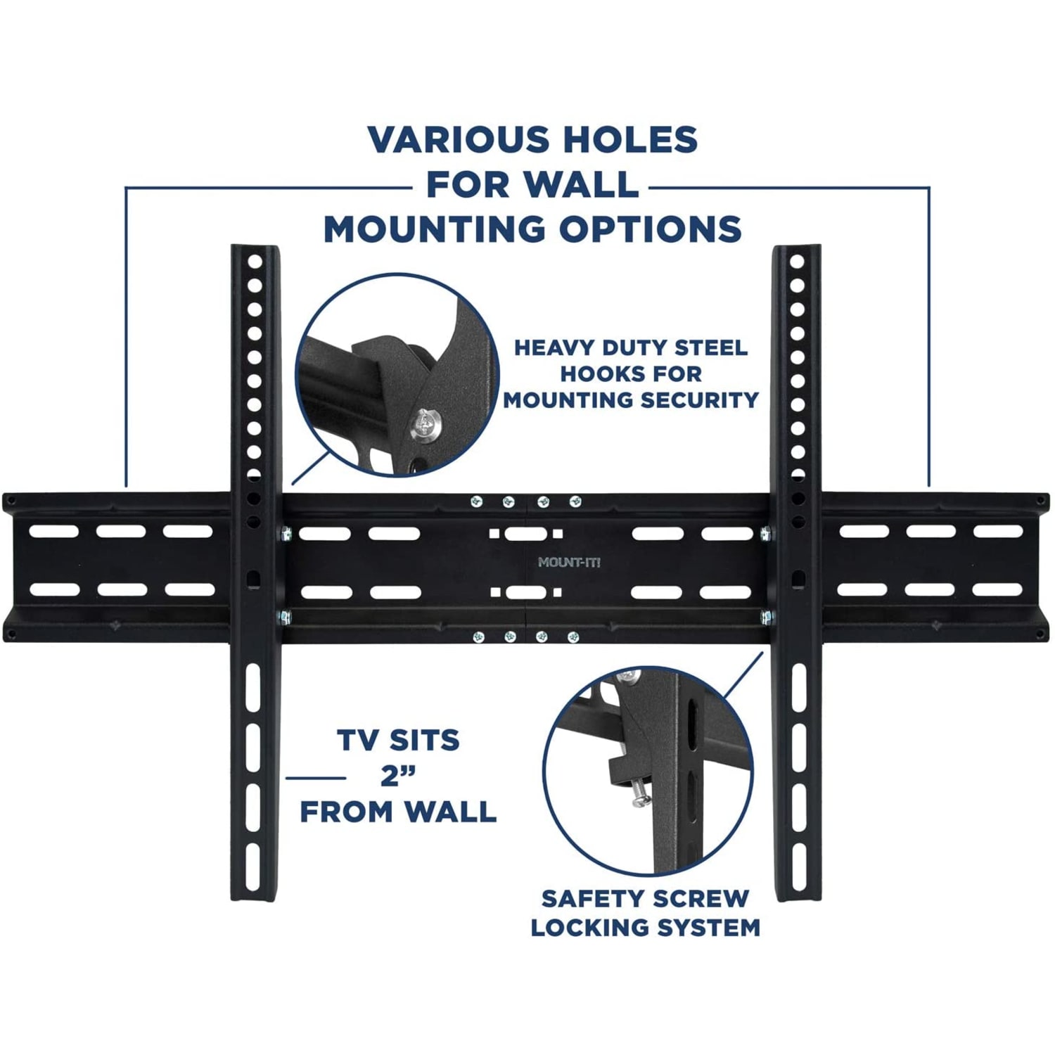 Mount-It! MI-3030XL Low-Profile Wall Mount For Screens 37 - 70in, 16-3/4inH x 26-5/8inW x 2inD, Black - Image 3