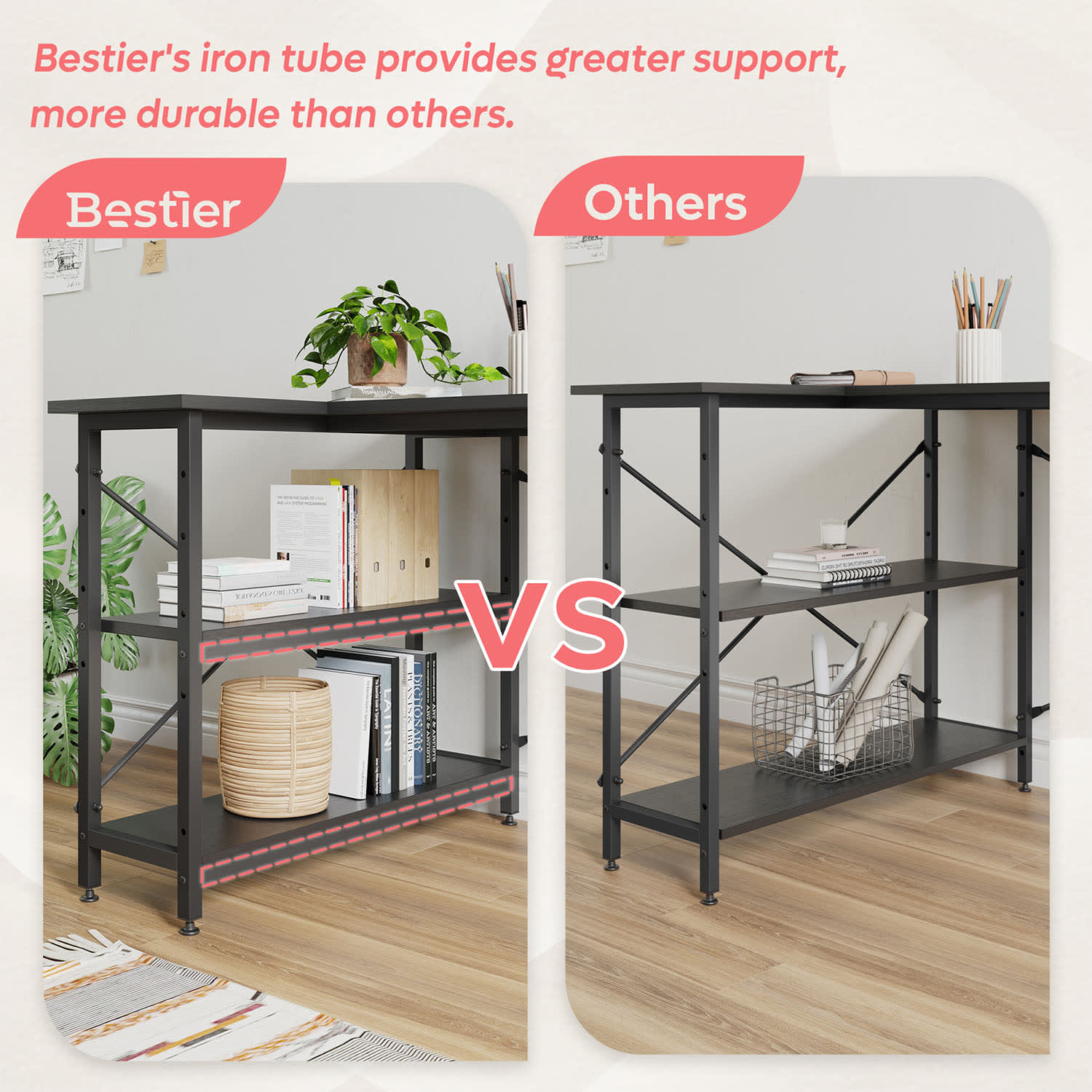 Bestier L-Shaped Corner Desk With Storage Shelf, 56inW, Grained Black - Image 3