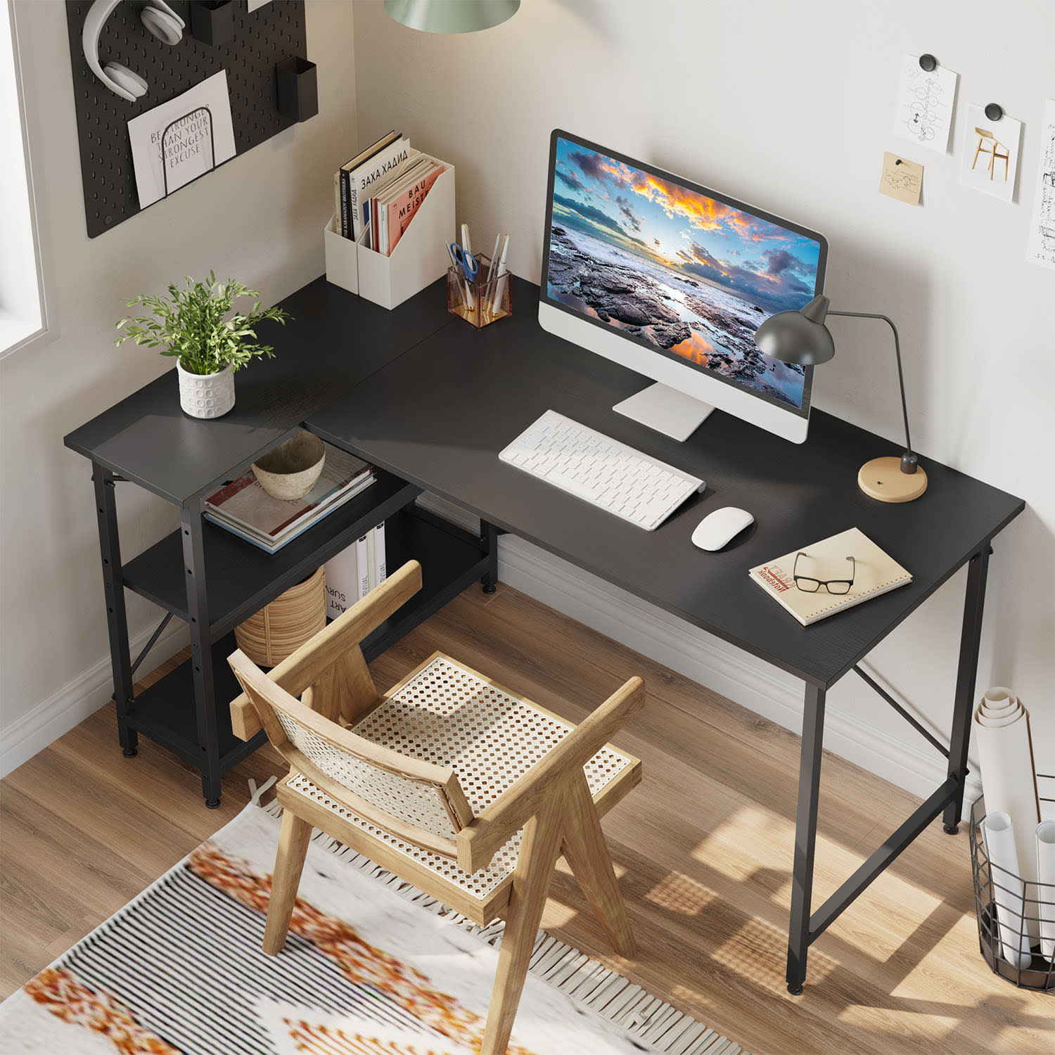 Bestier L-Shaped Corner Desk With Storage Shelf, 56inW, Grained Black - Image 6