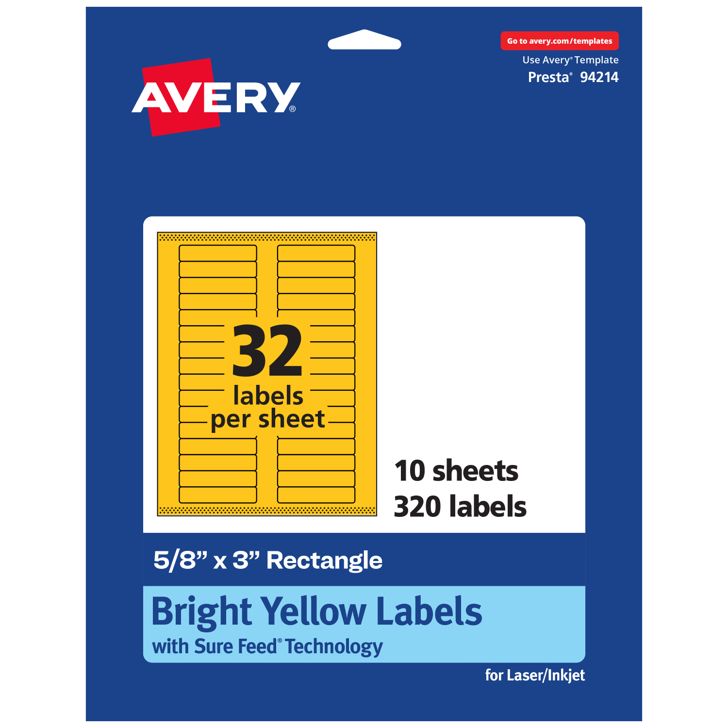 Avery Printable Labels With Sure Feed Technology, 94214-BYP10, Rectangle, 5/8in x 3in, Matte Bright Yellow, Pack of 320 - Image 3