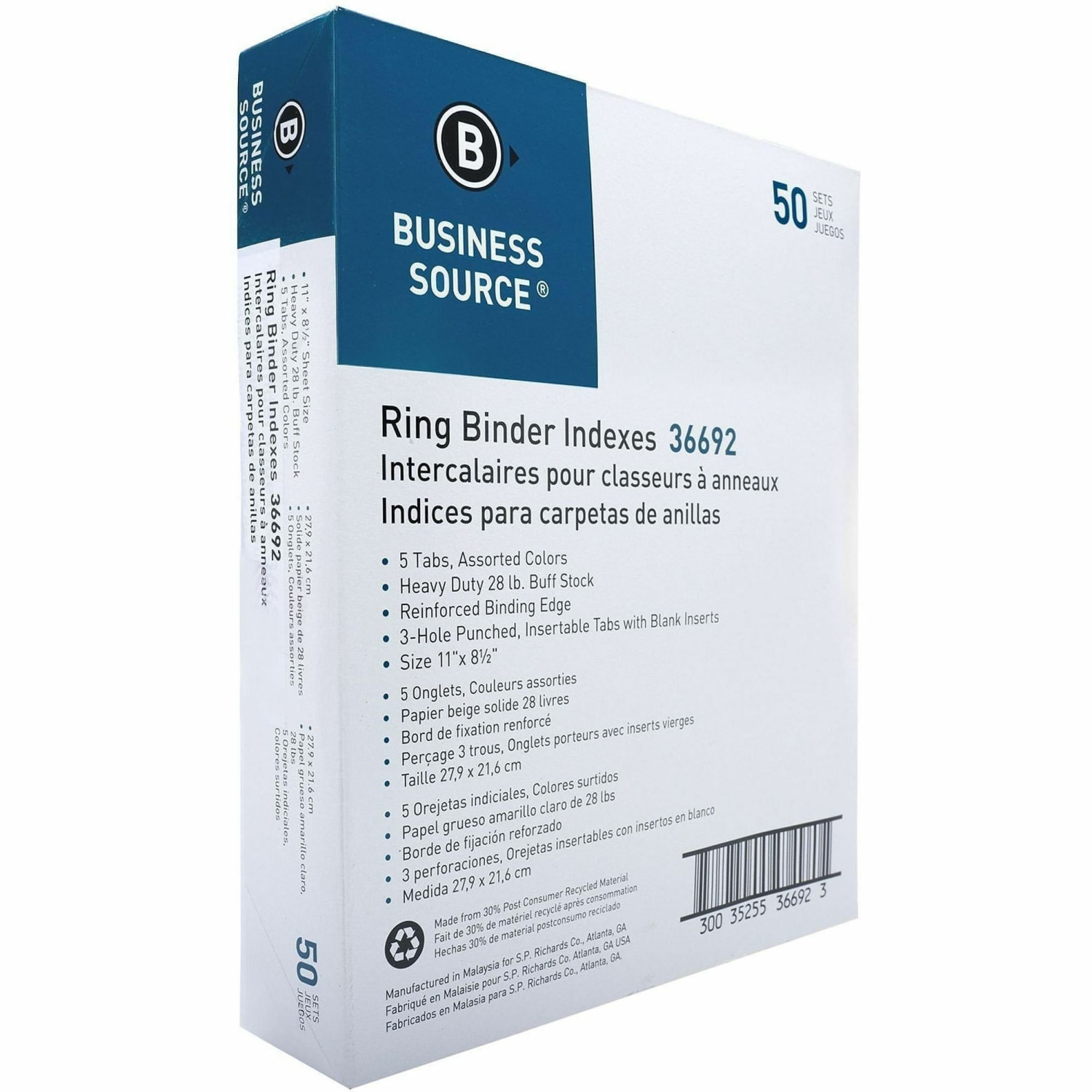 Business Source Insertable Tab Ring Binder Indexes, 8-1/2in x 11in, Multicolor, Set of 5 - Image 5