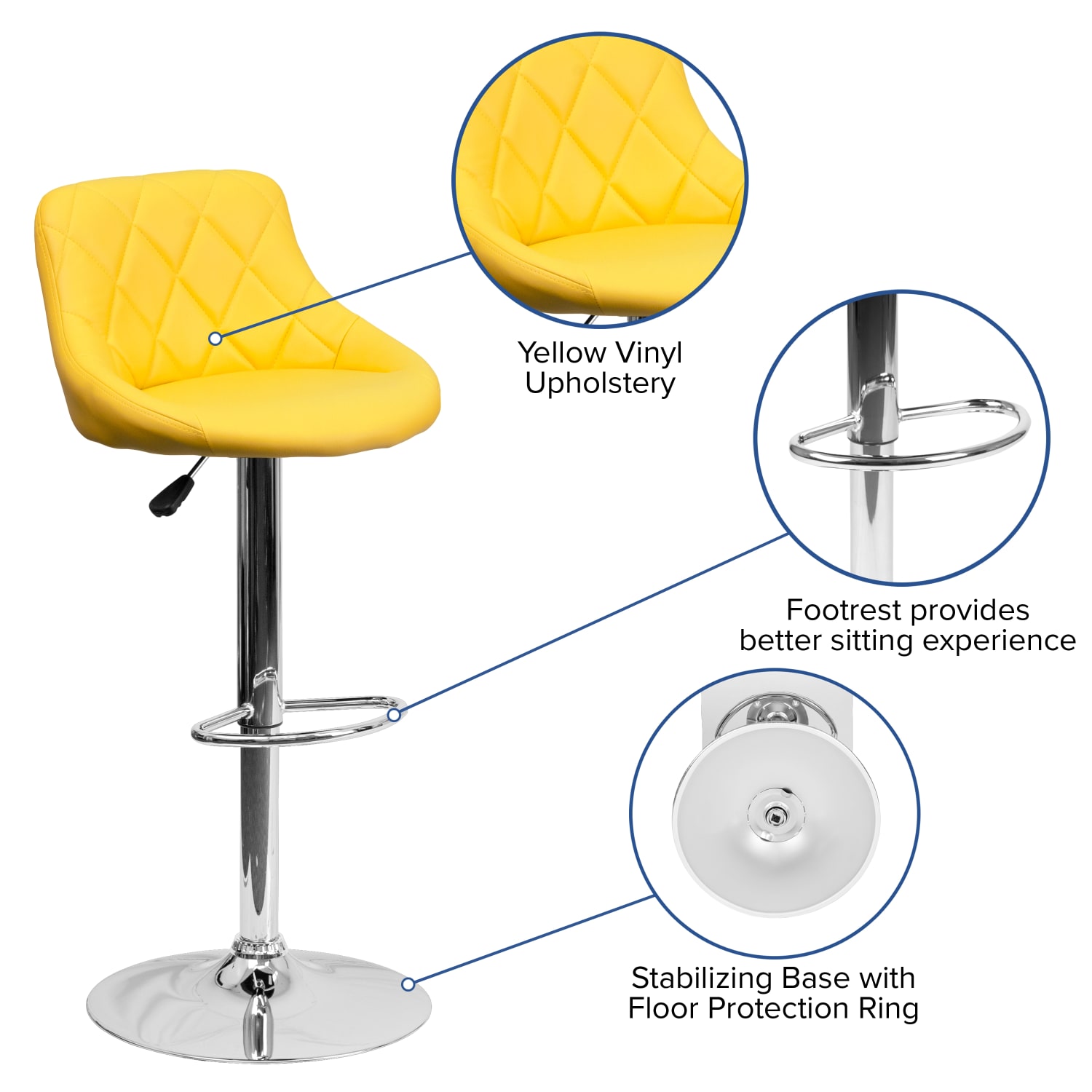 Flash Furniture Contemporary Vinyl Bucket Seat Adjustable Height Barstool with Diamond Pattern Back and Chrome Base, Yellow - Image 4