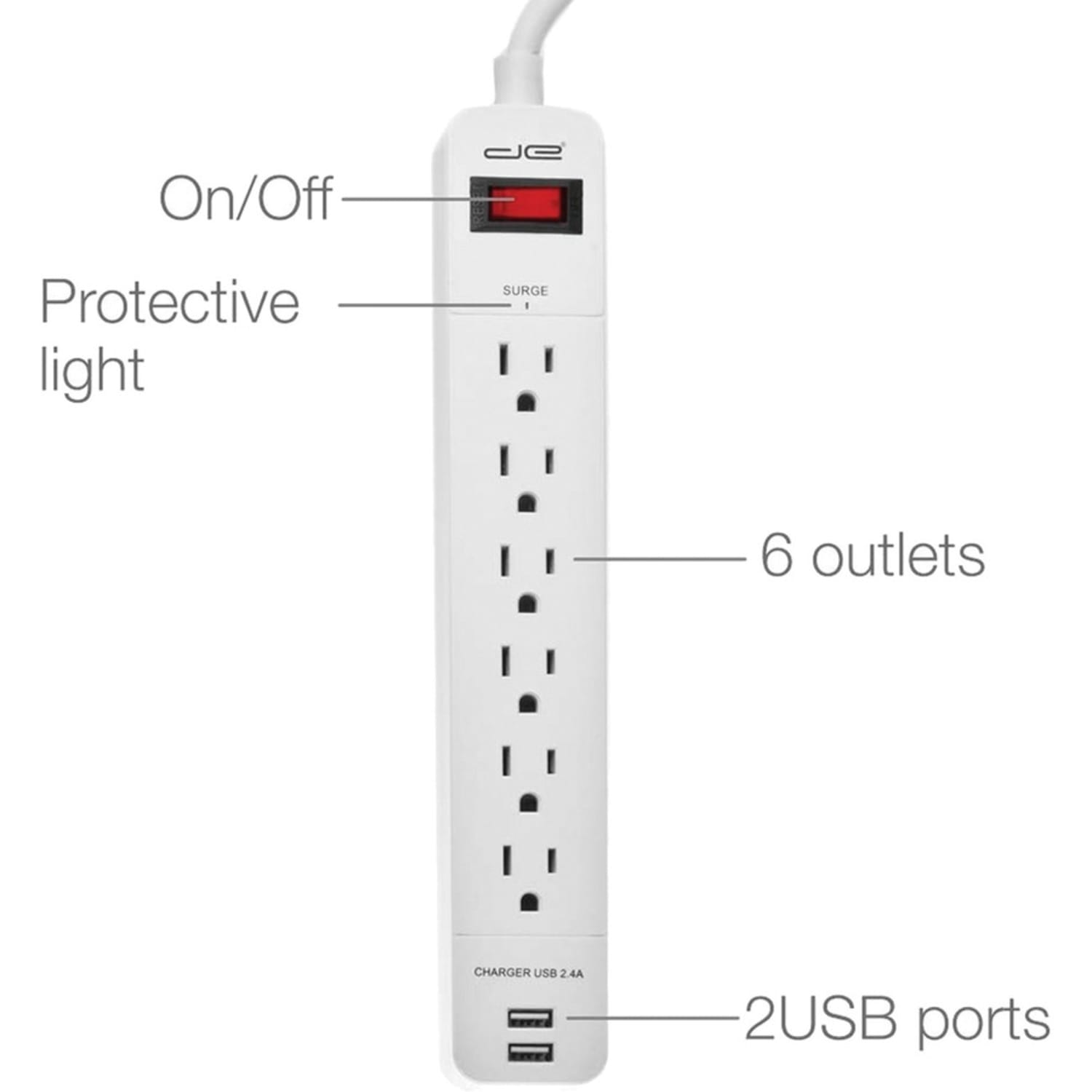 Digital Energy World 6-Outlet Surge Protector Power Strip with 2 USB Ports and 15-Foot Cord (White) - 6 x AC Power, 2 x USB - 1875 VA - 1050 J - 120 V AC Input - 15 ft - Image 4